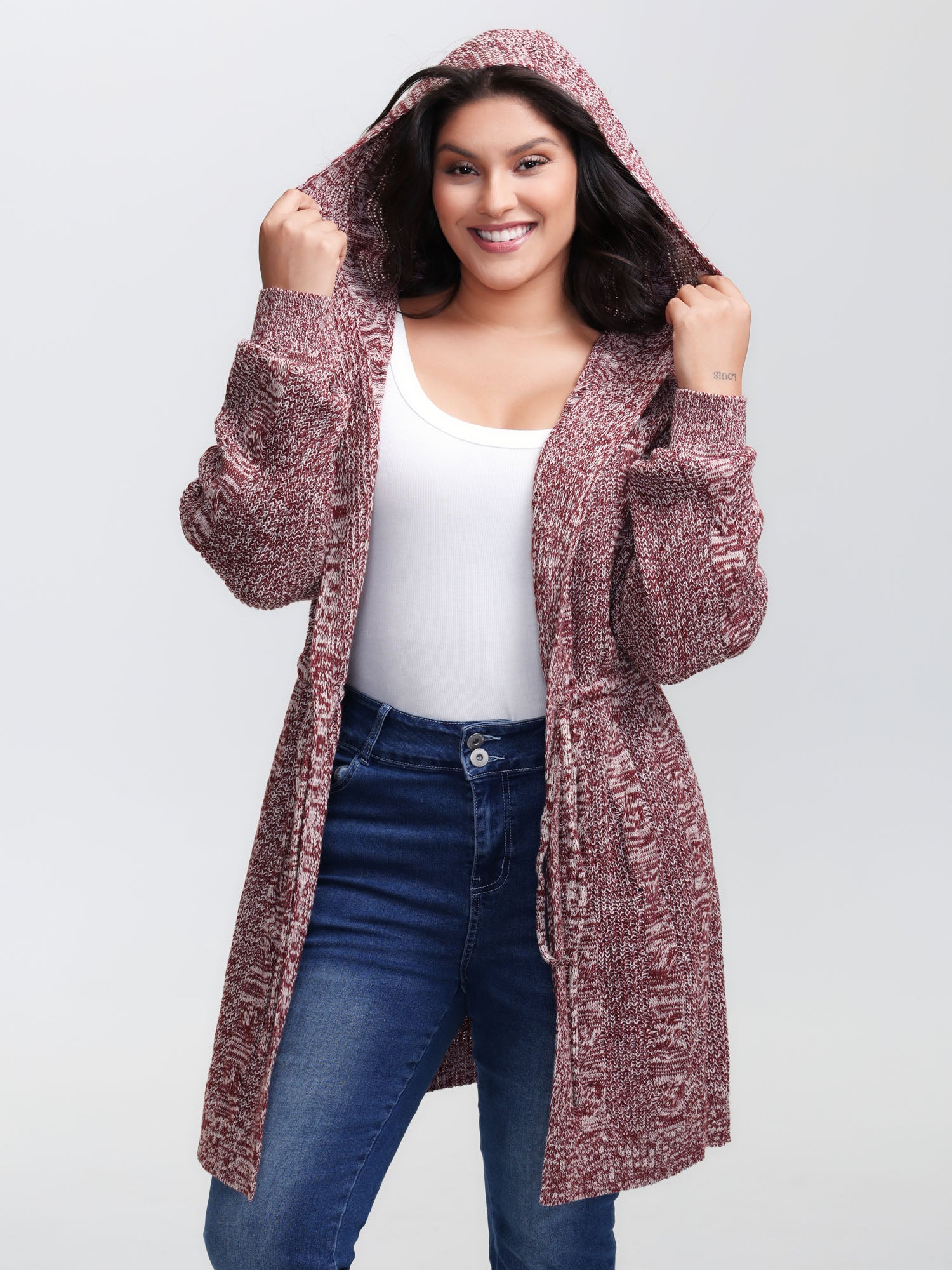 Cable Stitch Heather Hooded Knit Cardigan - Image 4