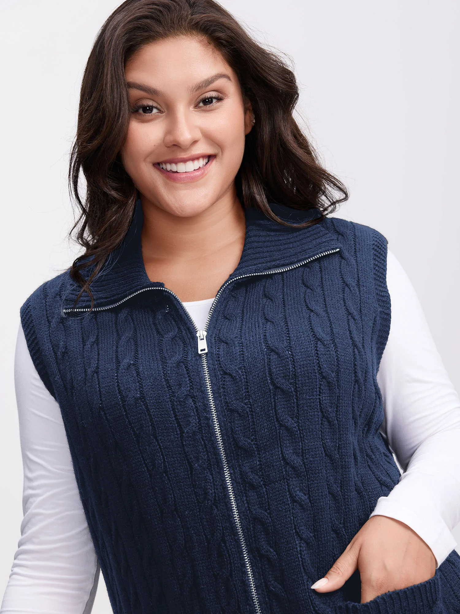 Cable Zipper Sleeveless Knit Cardigan - Image 10