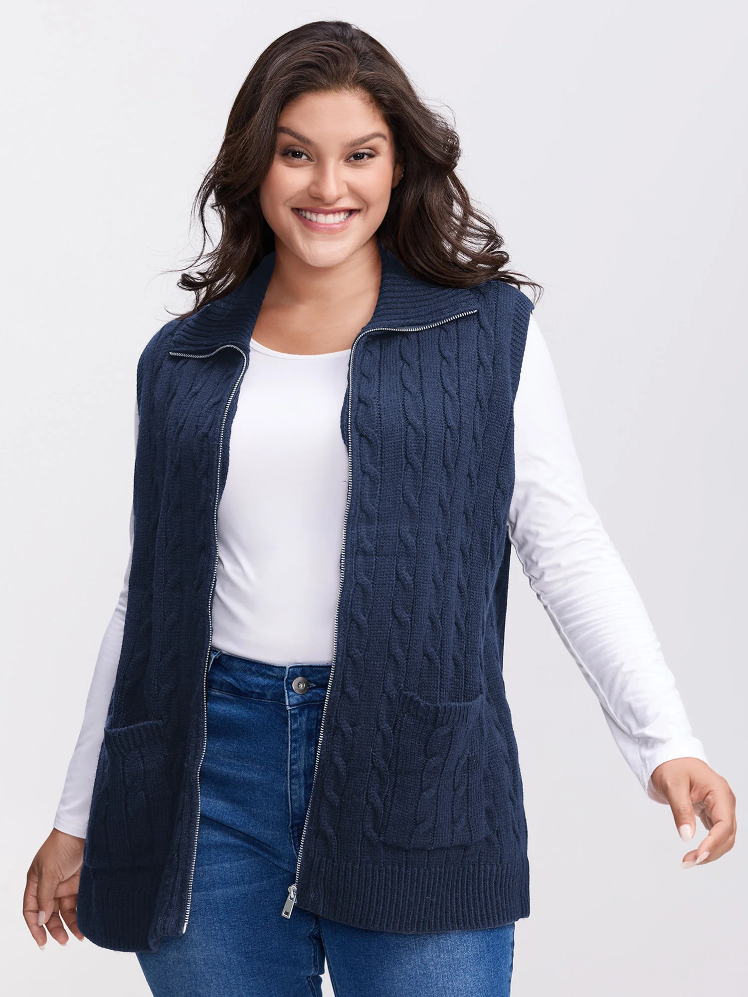 Cable Zipper Sleeveless Knit Cardigan - Image 11