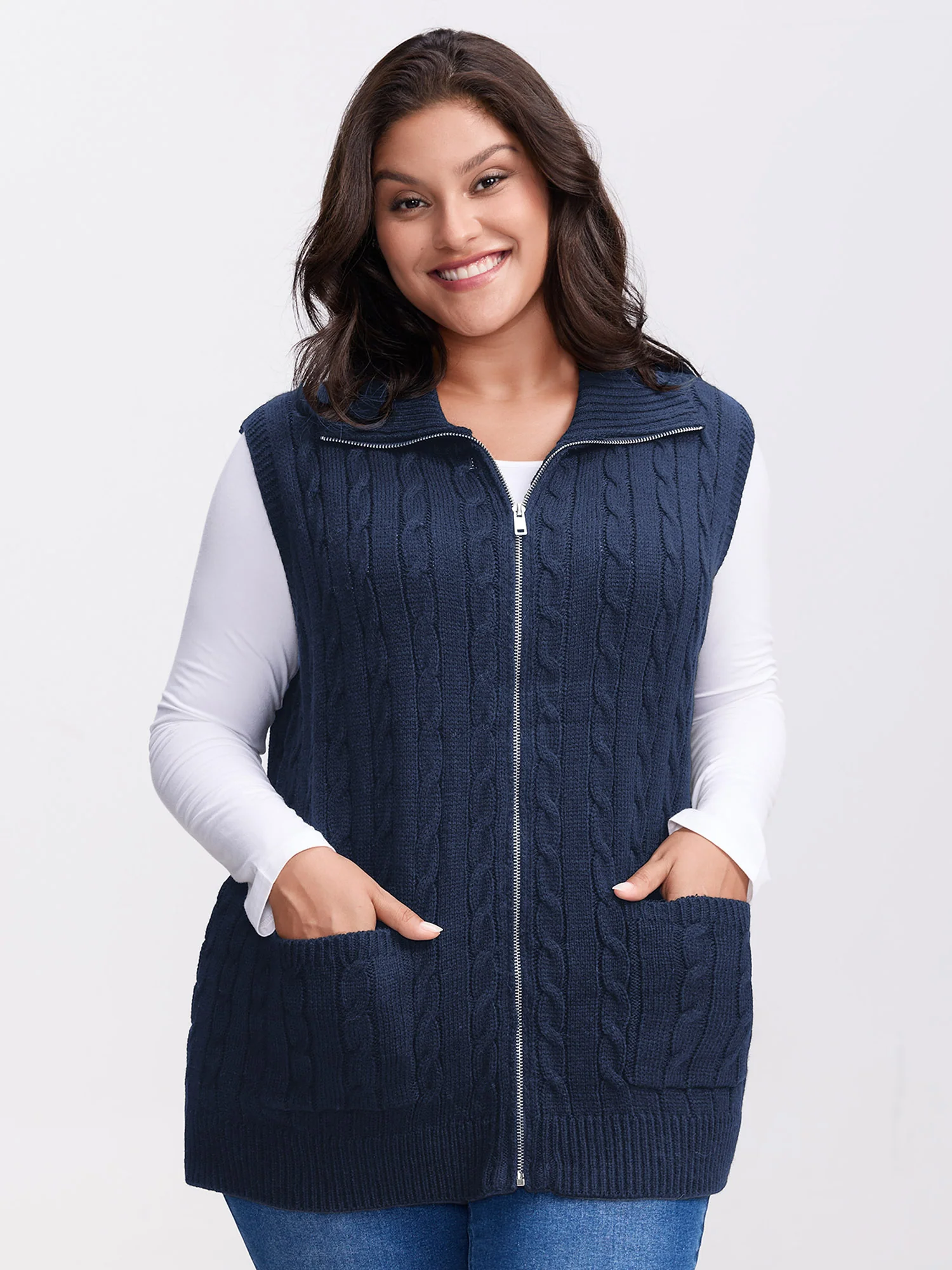 Cable Zipper Sleeveless Knit Cardigan - Image 13