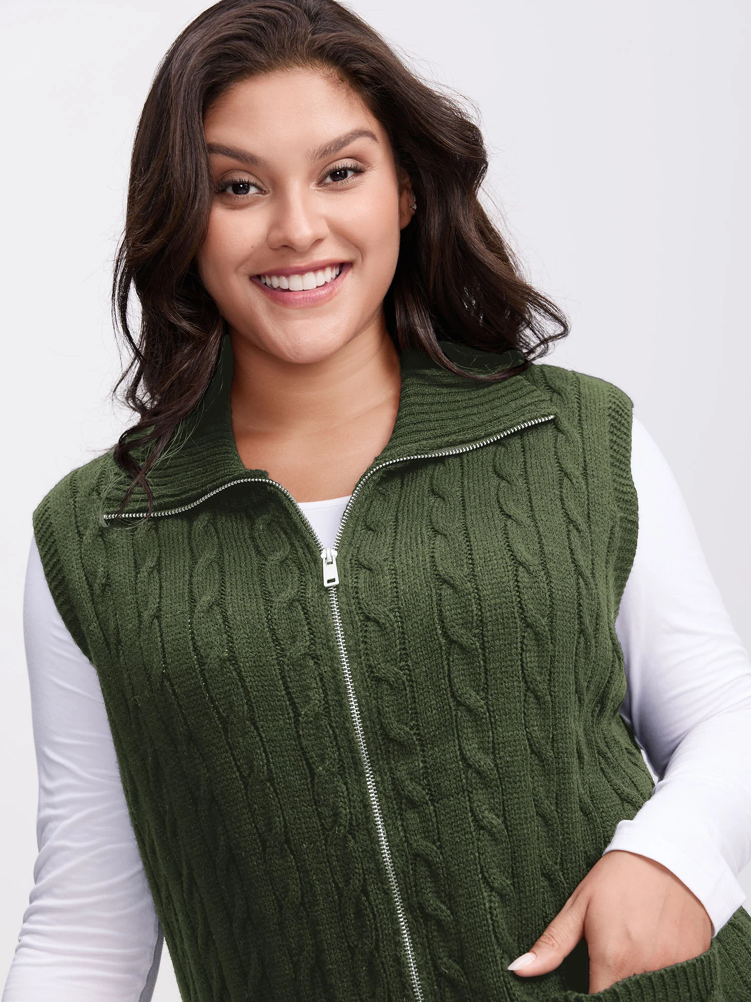 Cable Zipper Sleeveless Knit Cardigan - Image 15