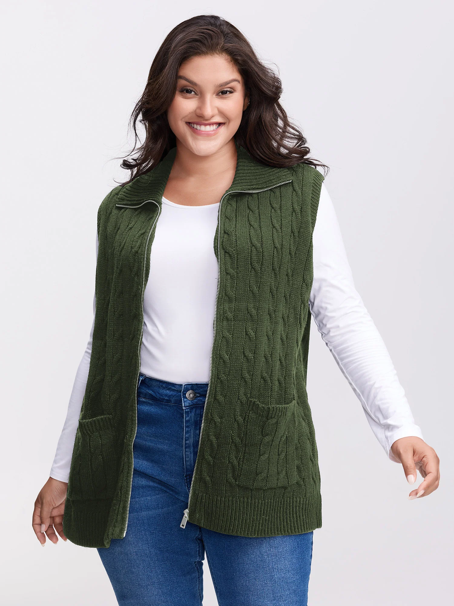 Cable Zipper Sleeveless Knit Cardigan - Image 16