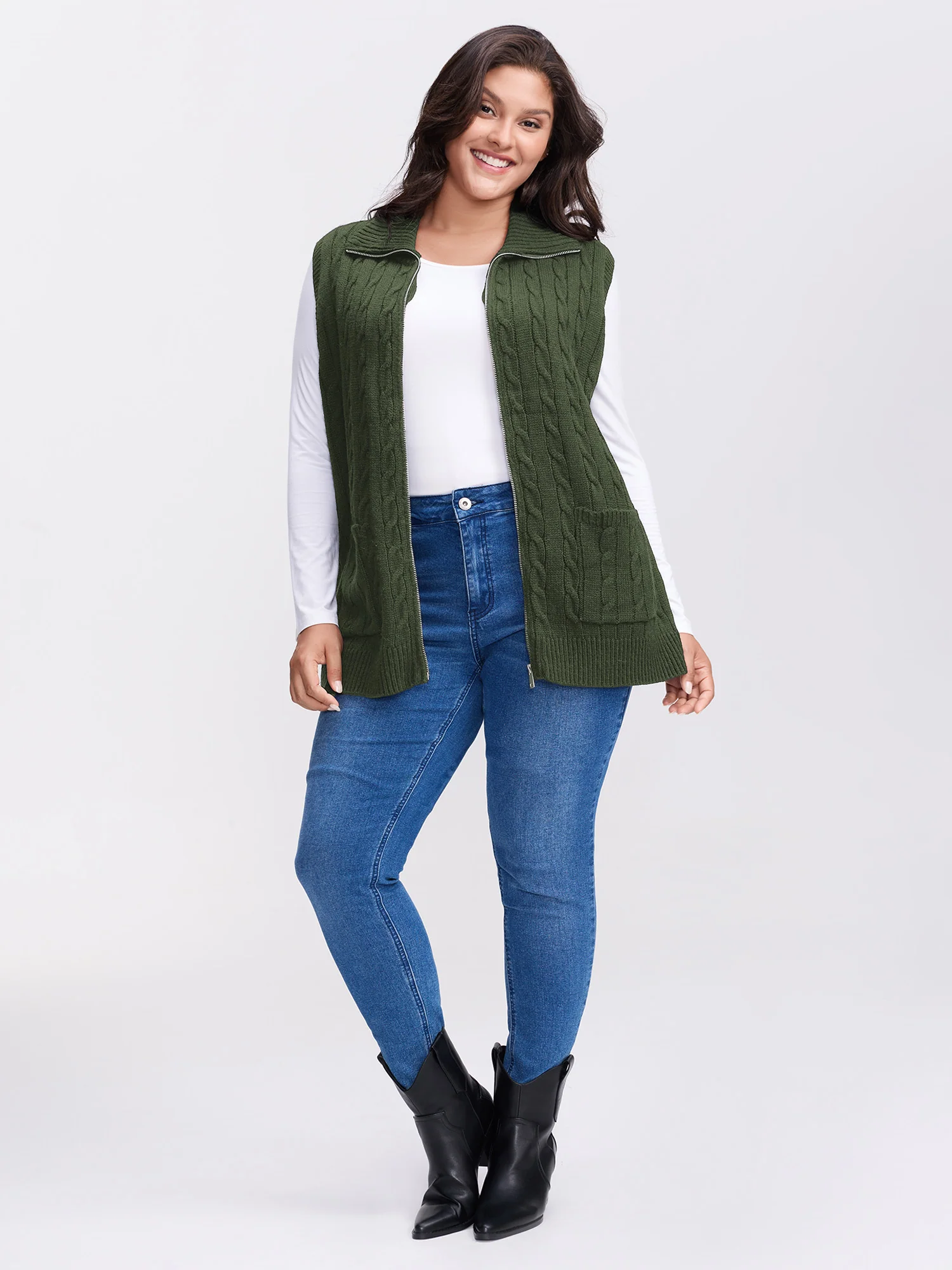 Cable Zipper Sleeveless Knit Cardigan - Image 17