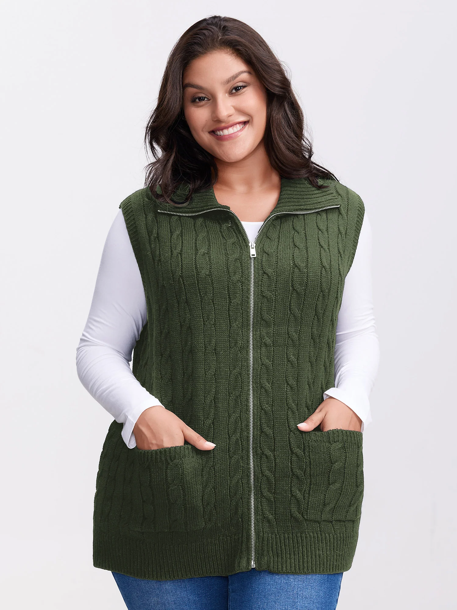 Cable Zipper Sleeveless Knit Cardigan - Image 18