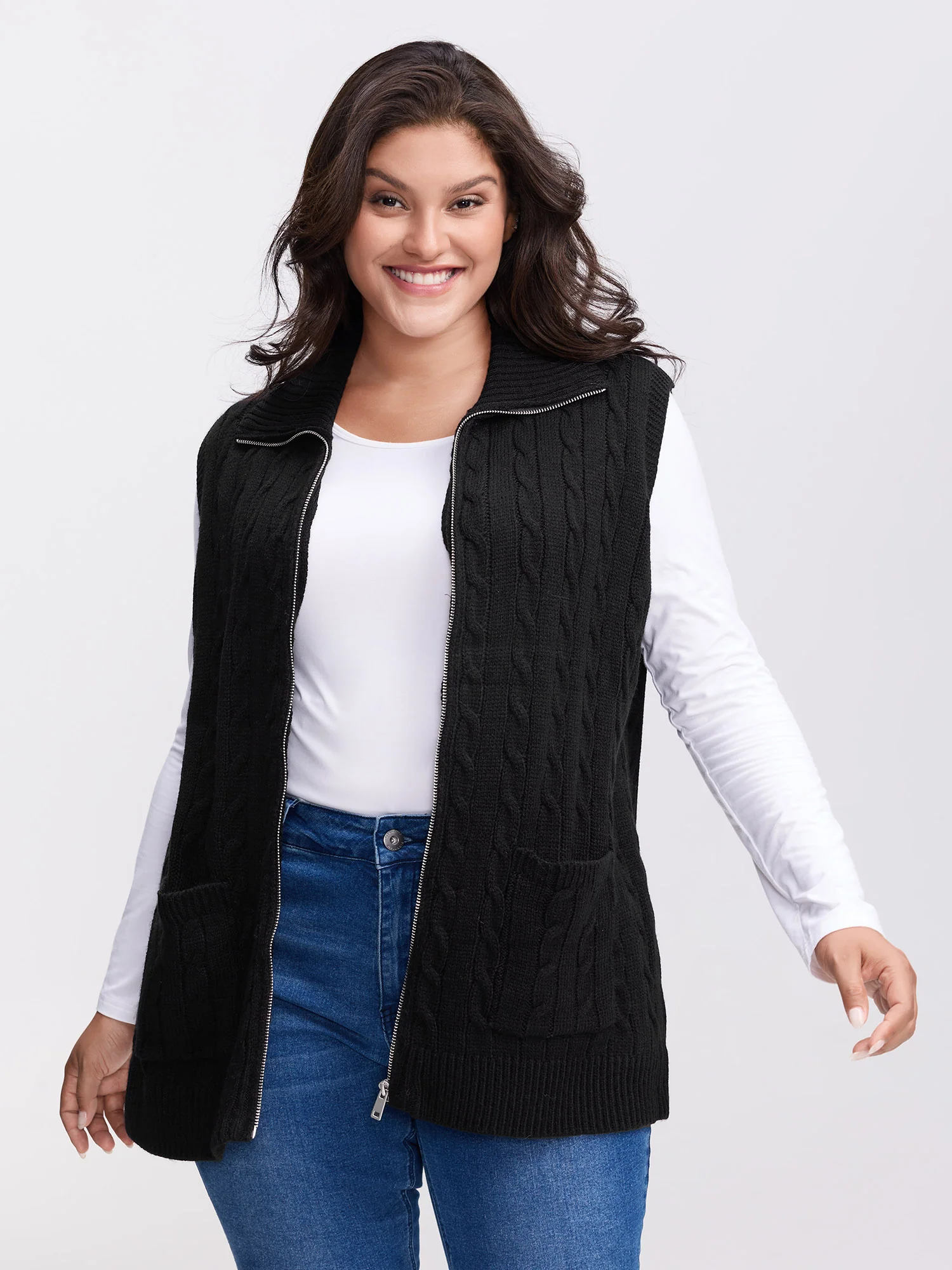 Cable Zipper Sleeveless Knit Cardigan - Image 2