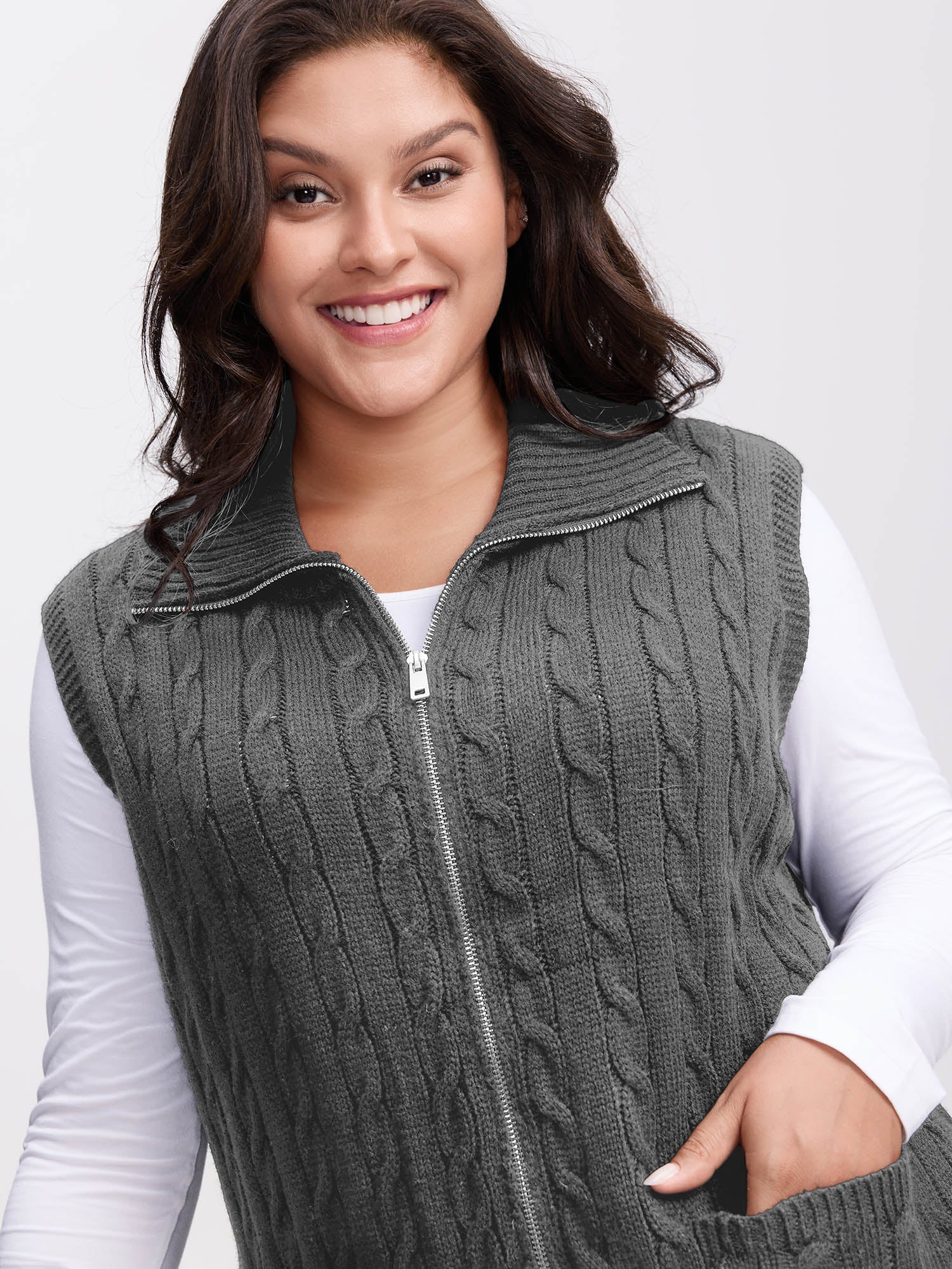 Cable Zipper Sleeveless Knit Cardigan - Image 20
