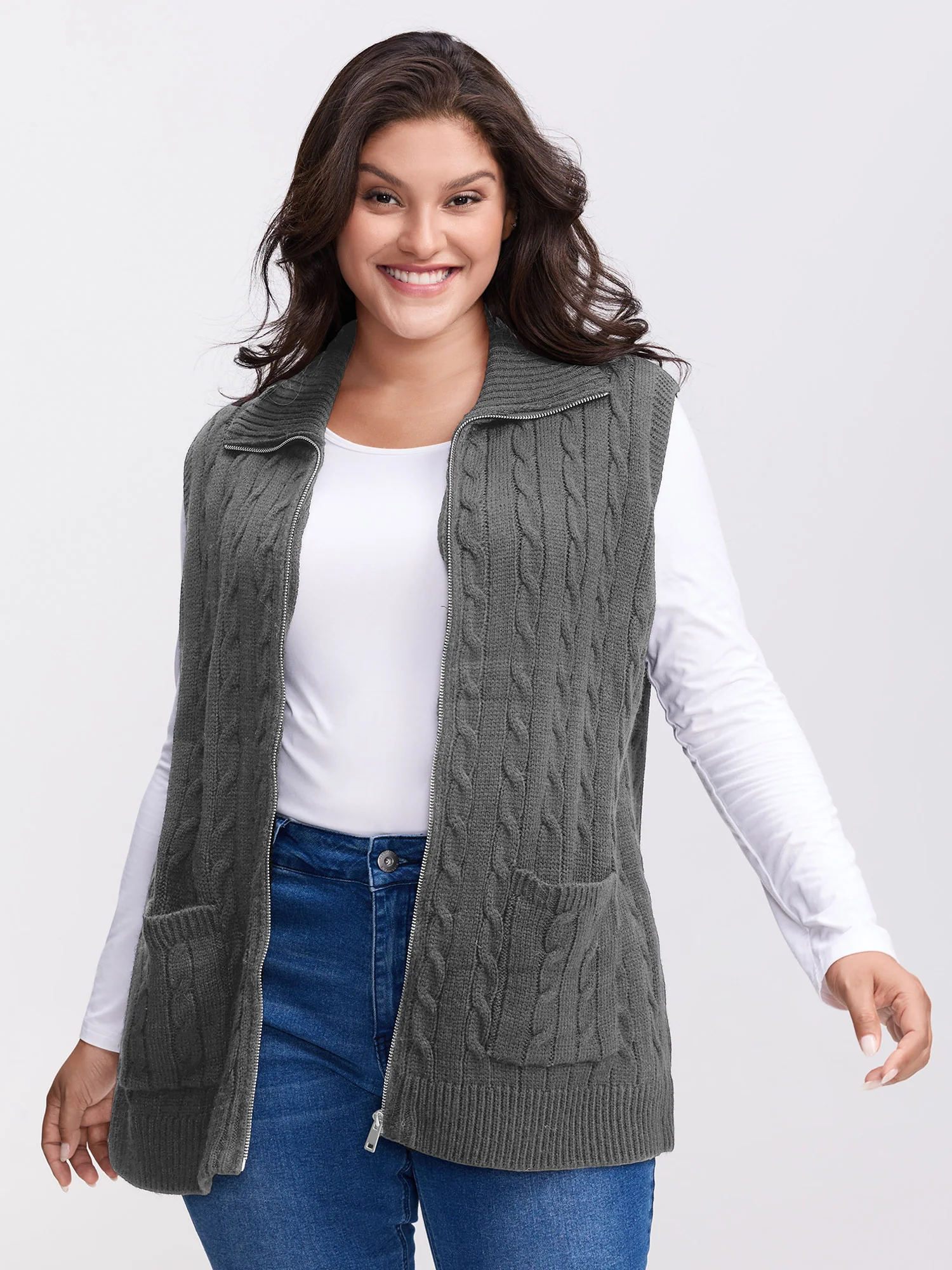 Cable Zipper Sleeveless Knit Cardigan - Image 21