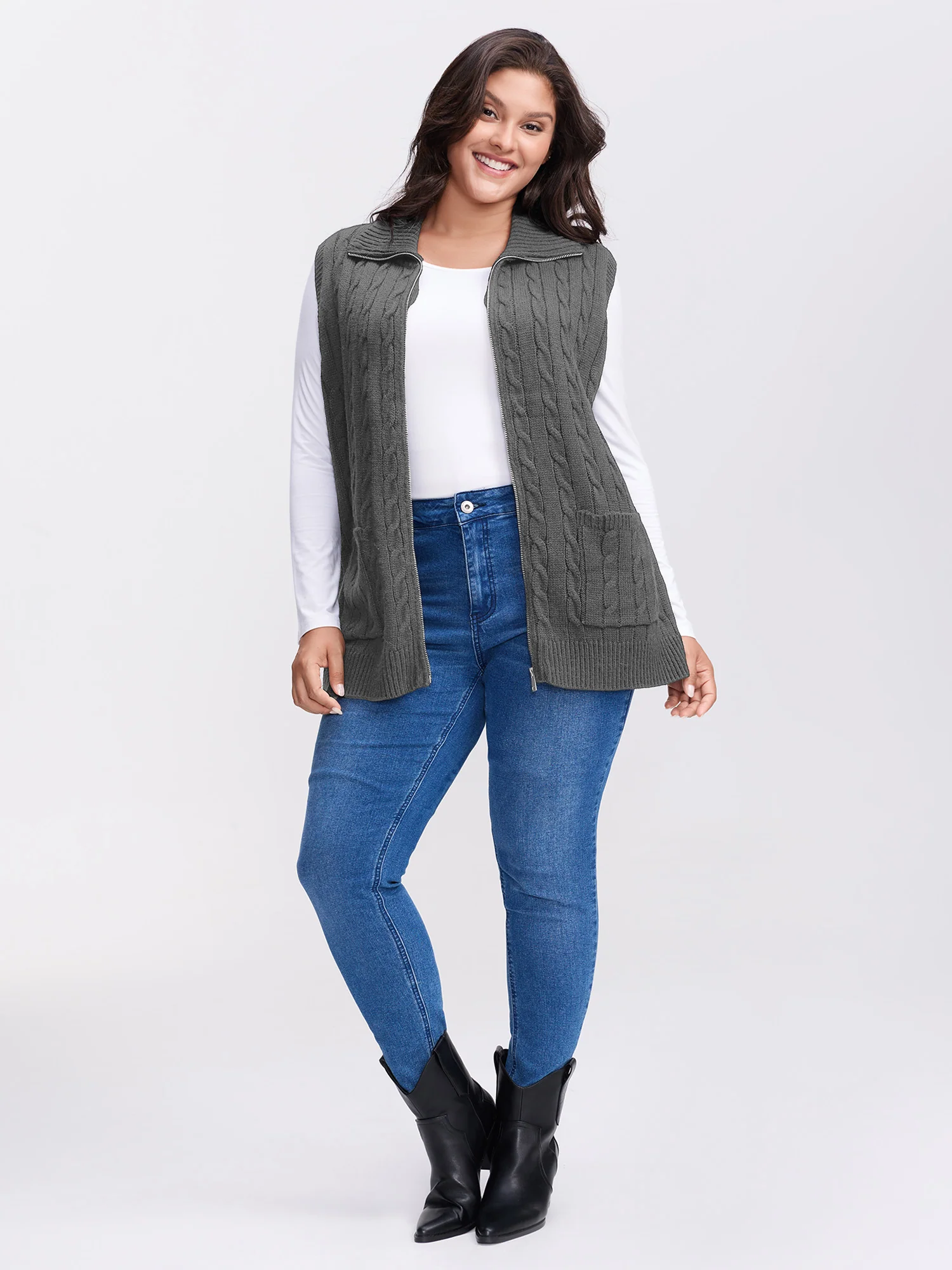 Cable Zipper Sleeveless Knit Cardigan - Image 22