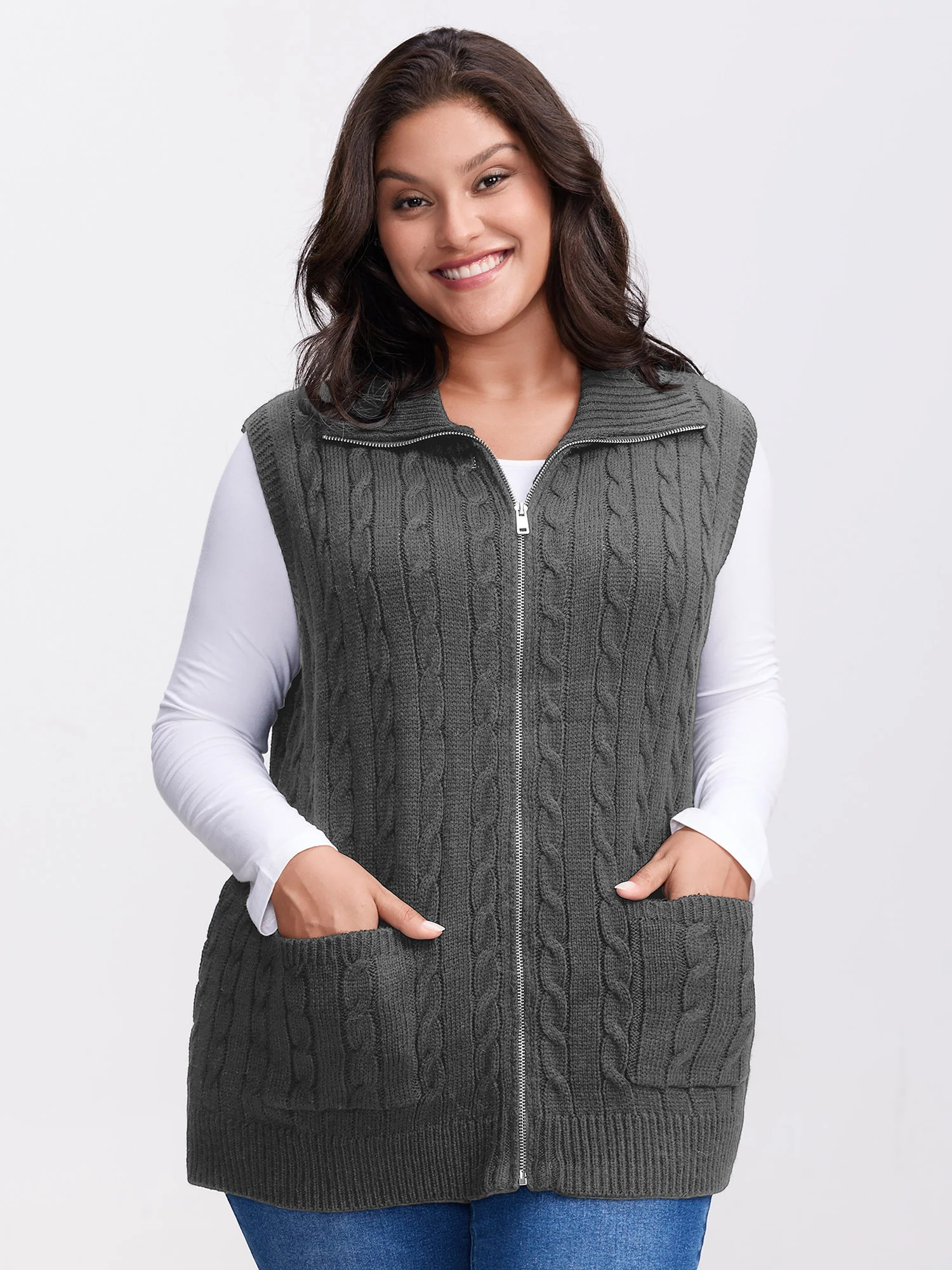 Cable Zipper Sleeveless Knit Cardigan - Image 23