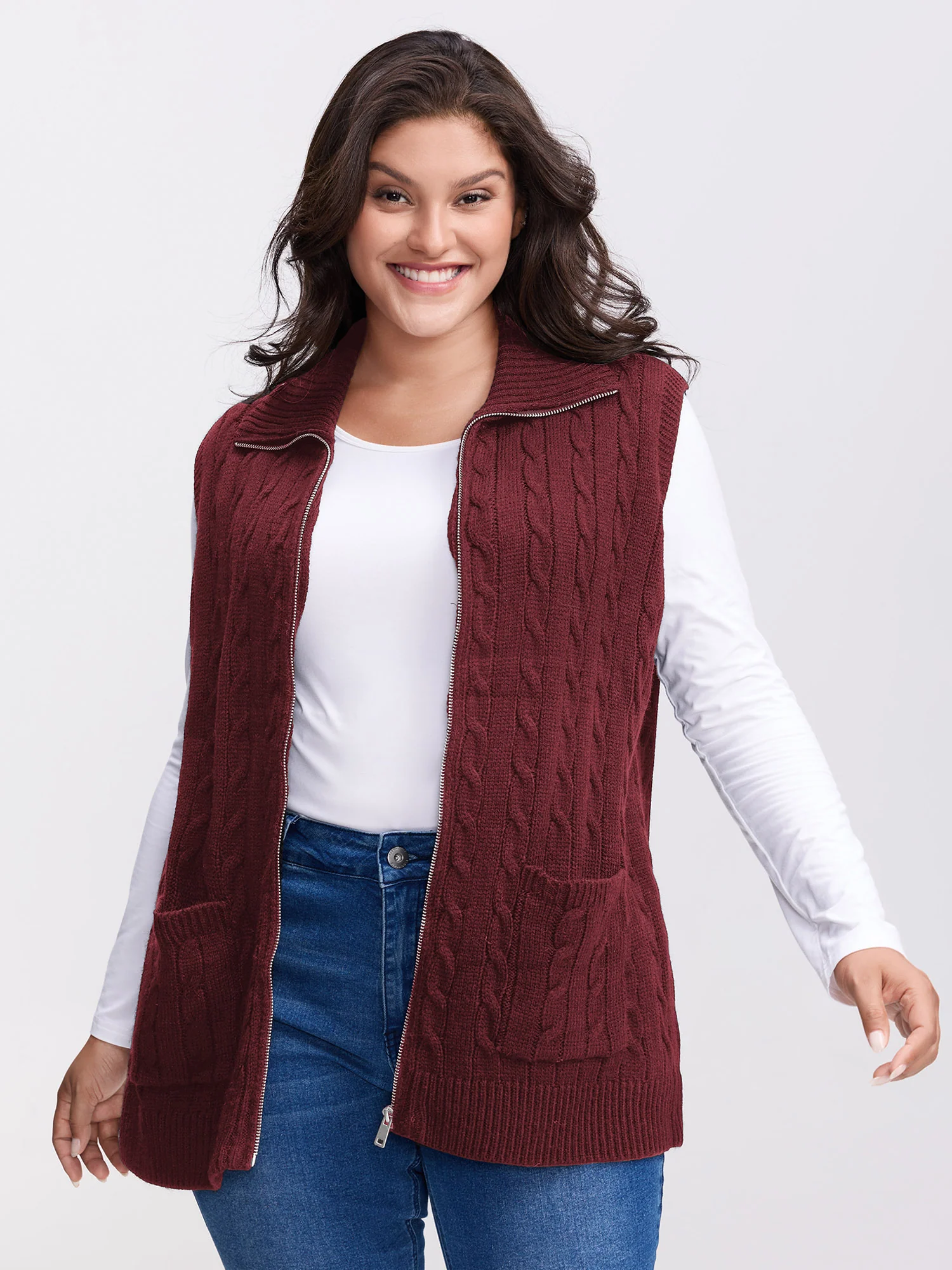 Cable Zipper Sleeveless Knit Cardigan - Image 26