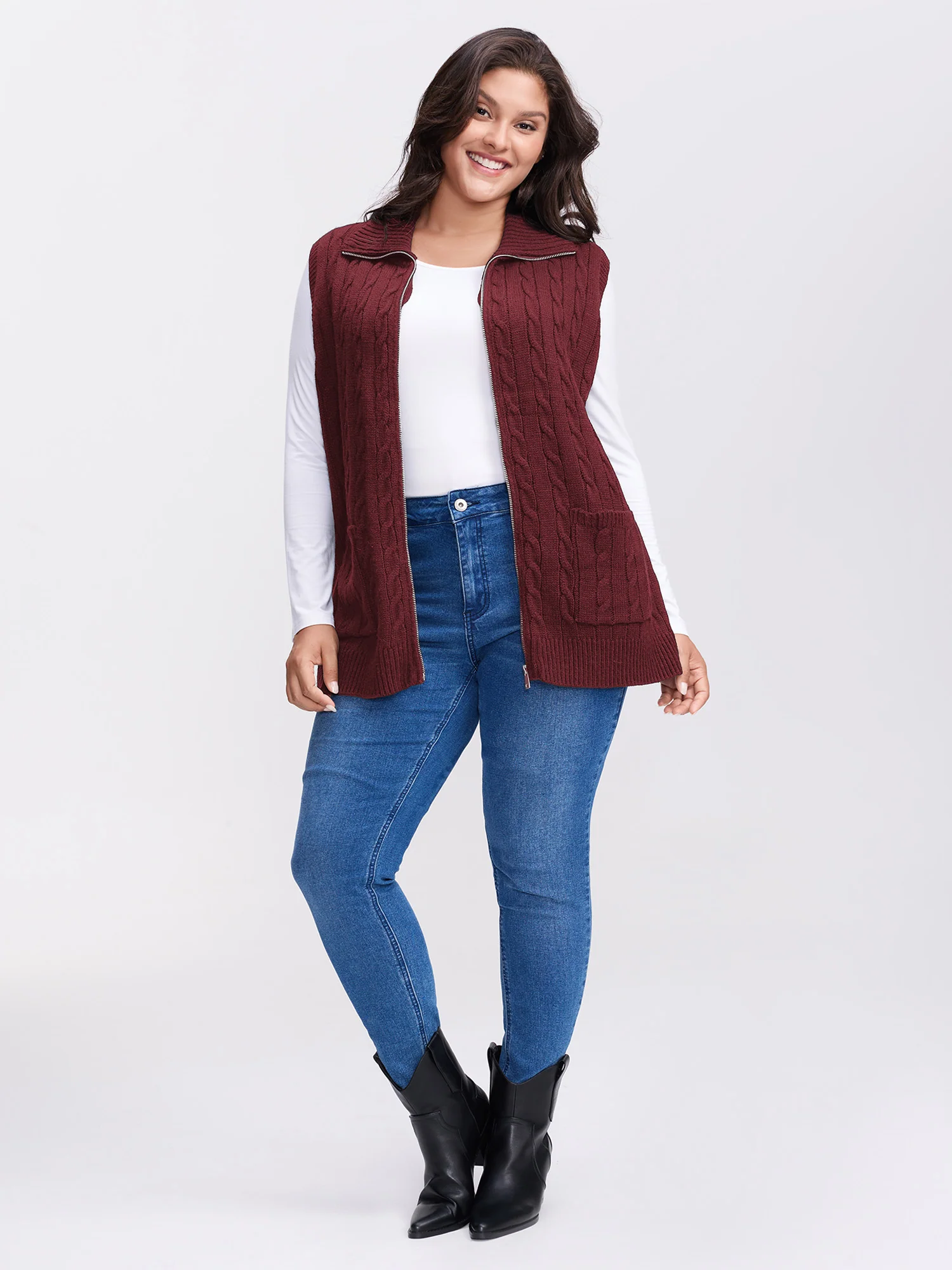 Cable Zipper Sleeveless Knit Cardigan - Image 27