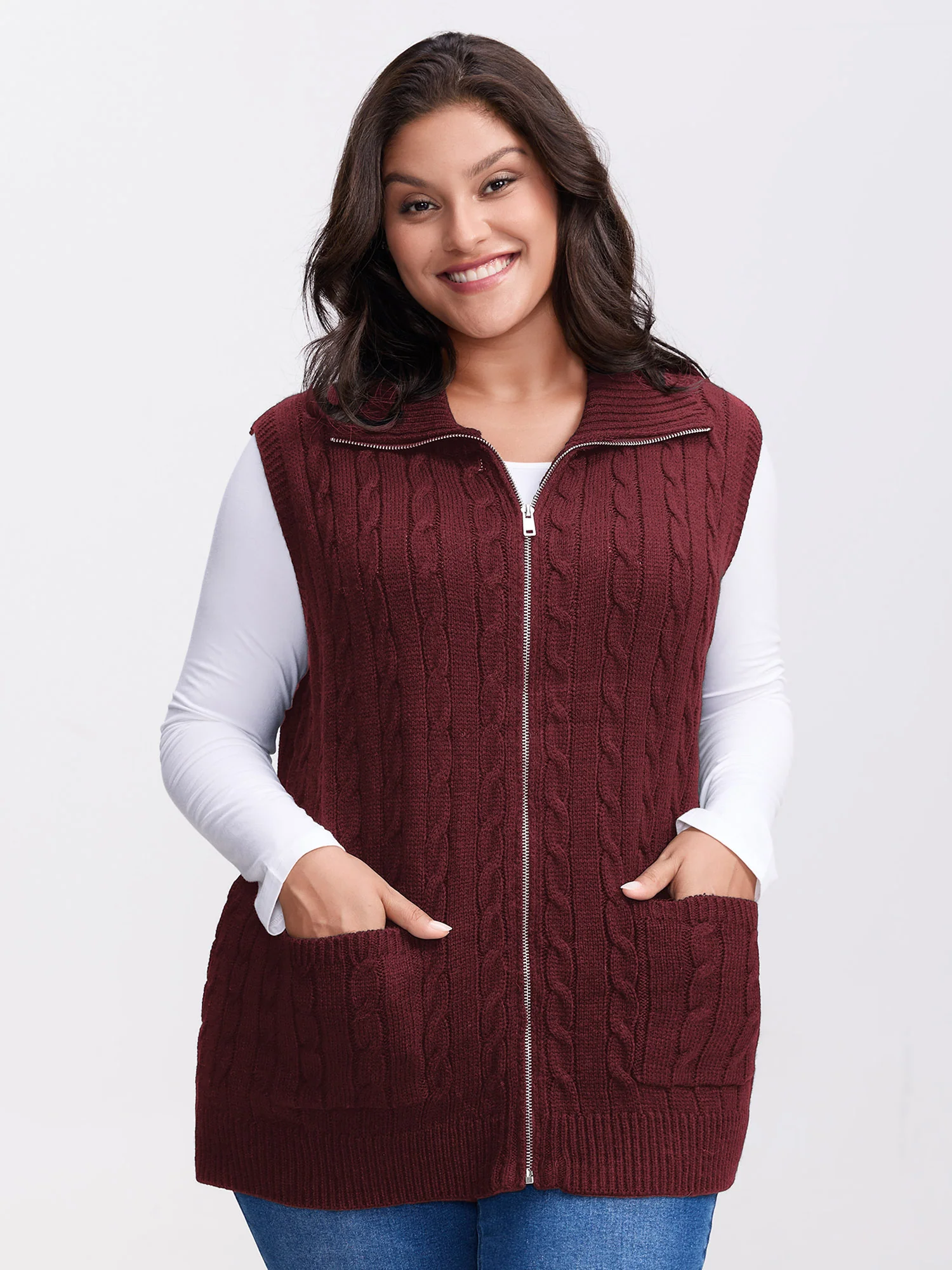 Cable Zipper Sleeveless Knit Cardigan - Image 28