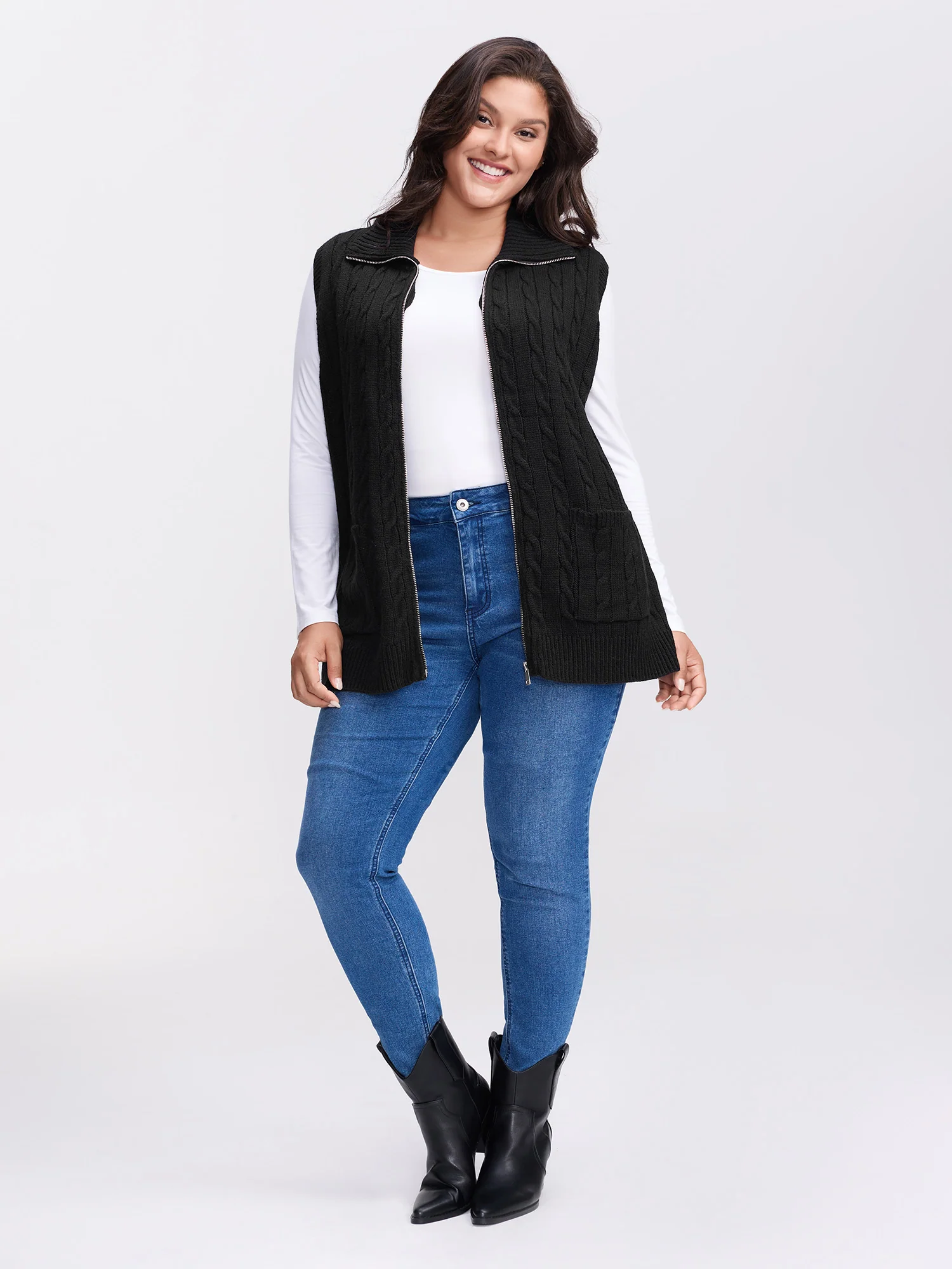 Cable Zipper Sleeveless Knit Cardigan - Image 3