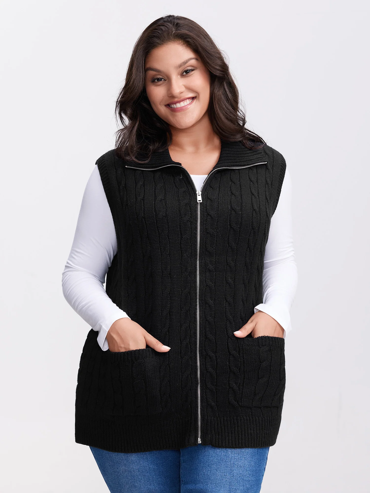 Cable Zipper Sleeveless Knit Cardigan - Image 4