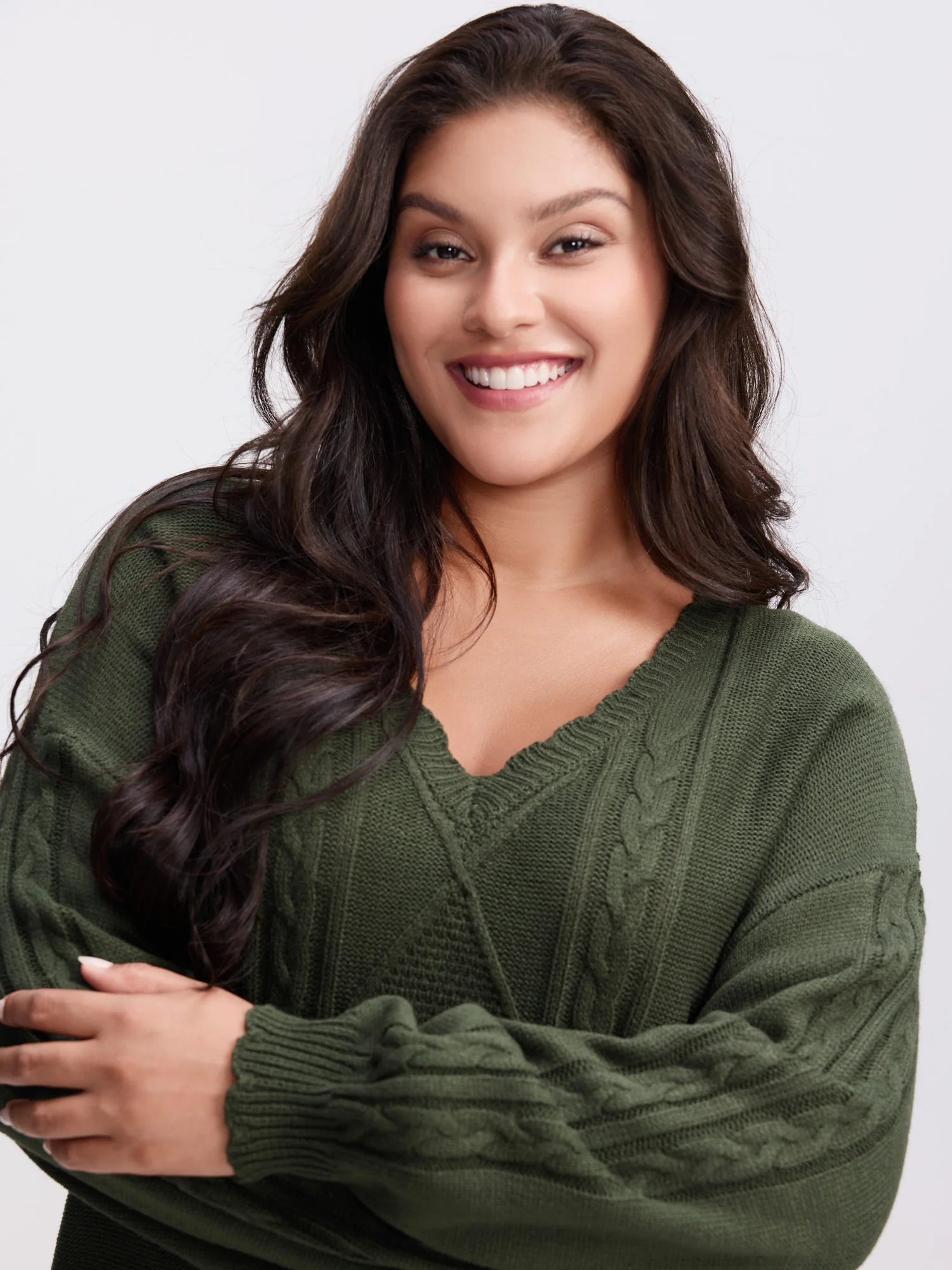 CableKnit Balloon Sleeve V-Neck Pullover - Image 2