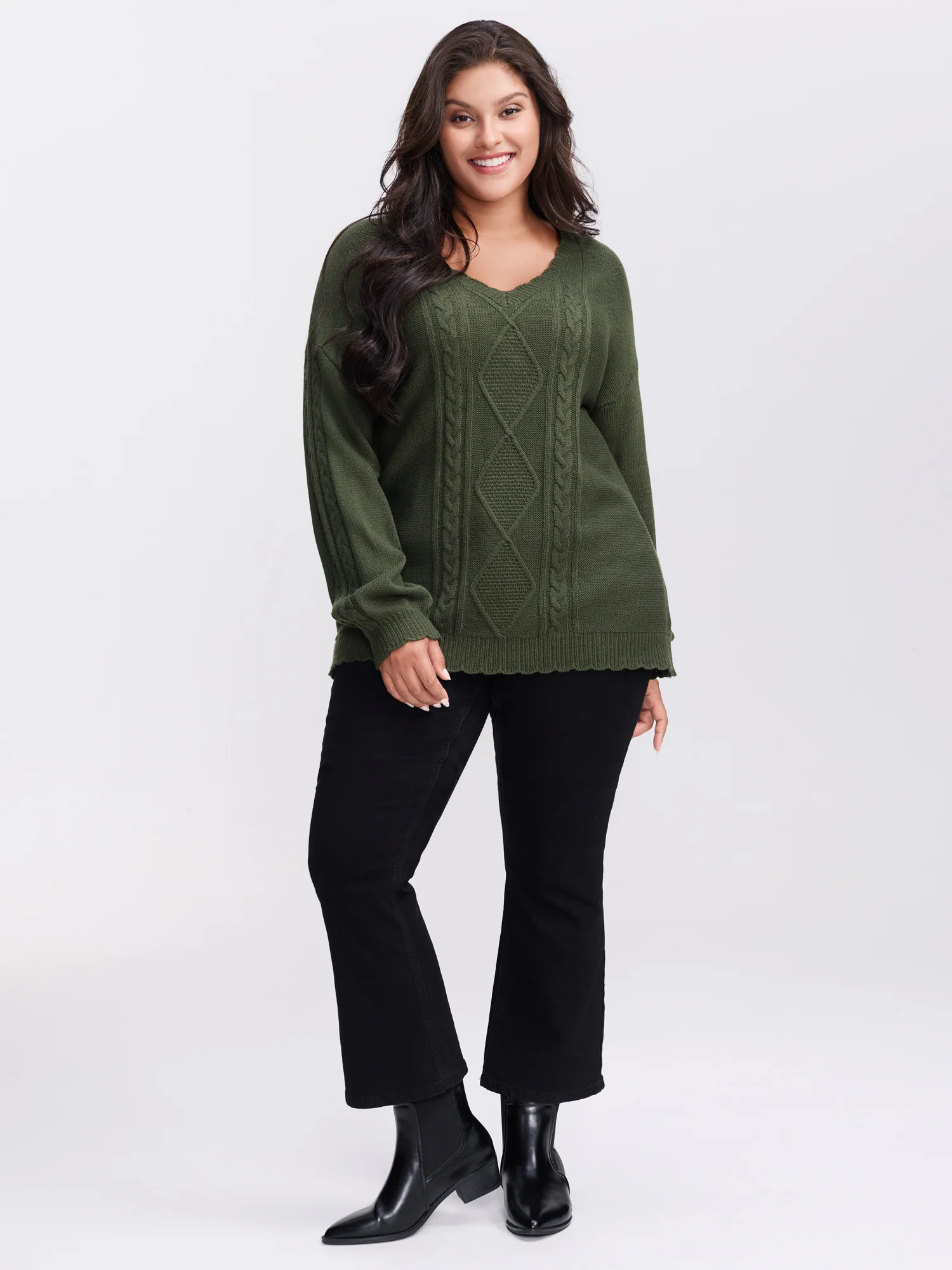 CableKnit Balloon Sleeve V-Neck Pullover - Image 3