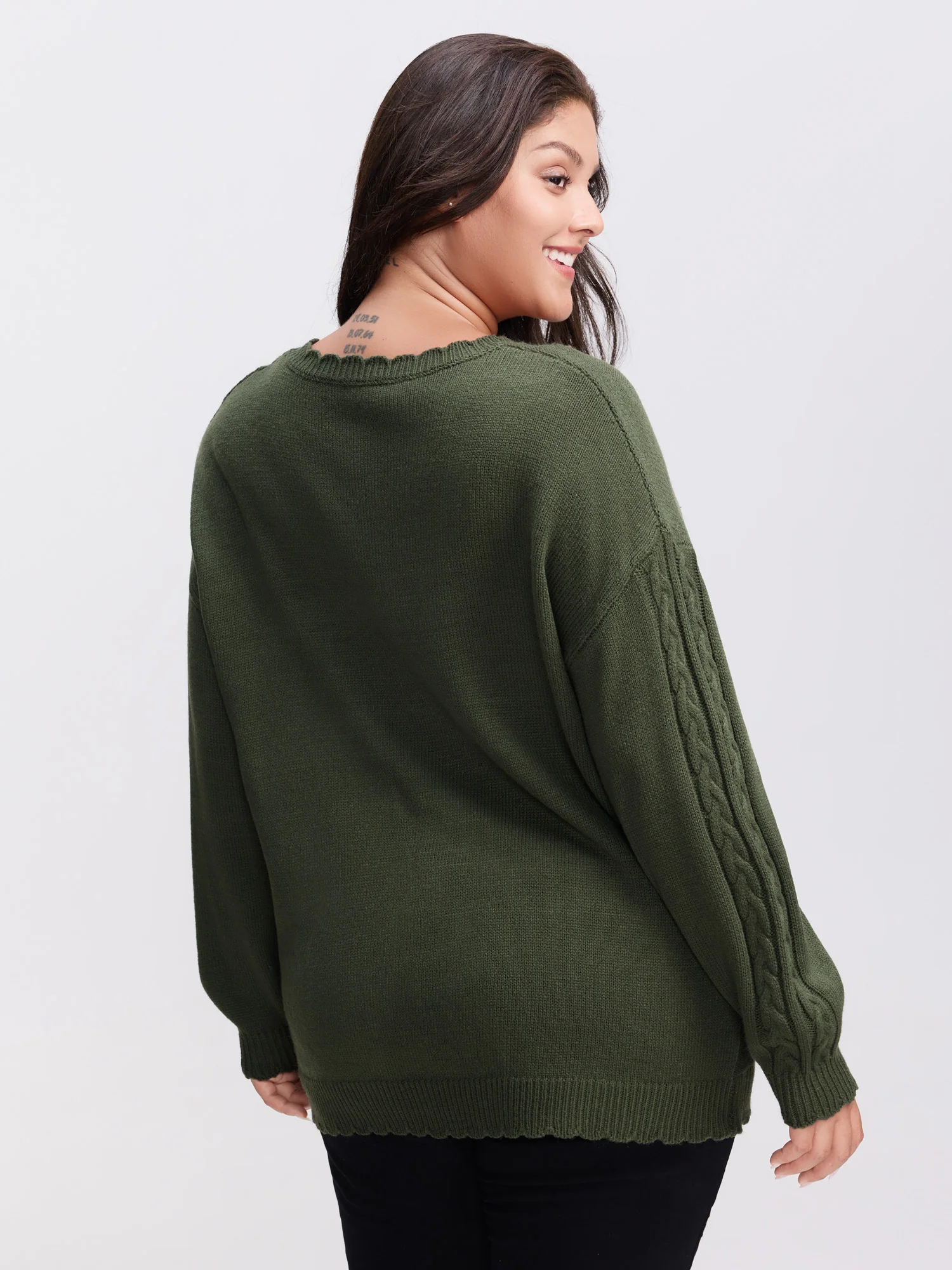 CableKnit Balloon Sleeve V-Neck Pullover - Image 4