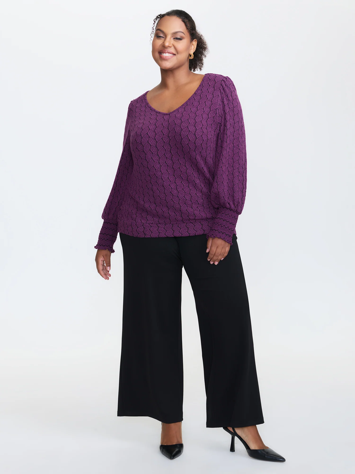 Cableknit Lantern Sleeve V-Neck Knit Top - Image 3