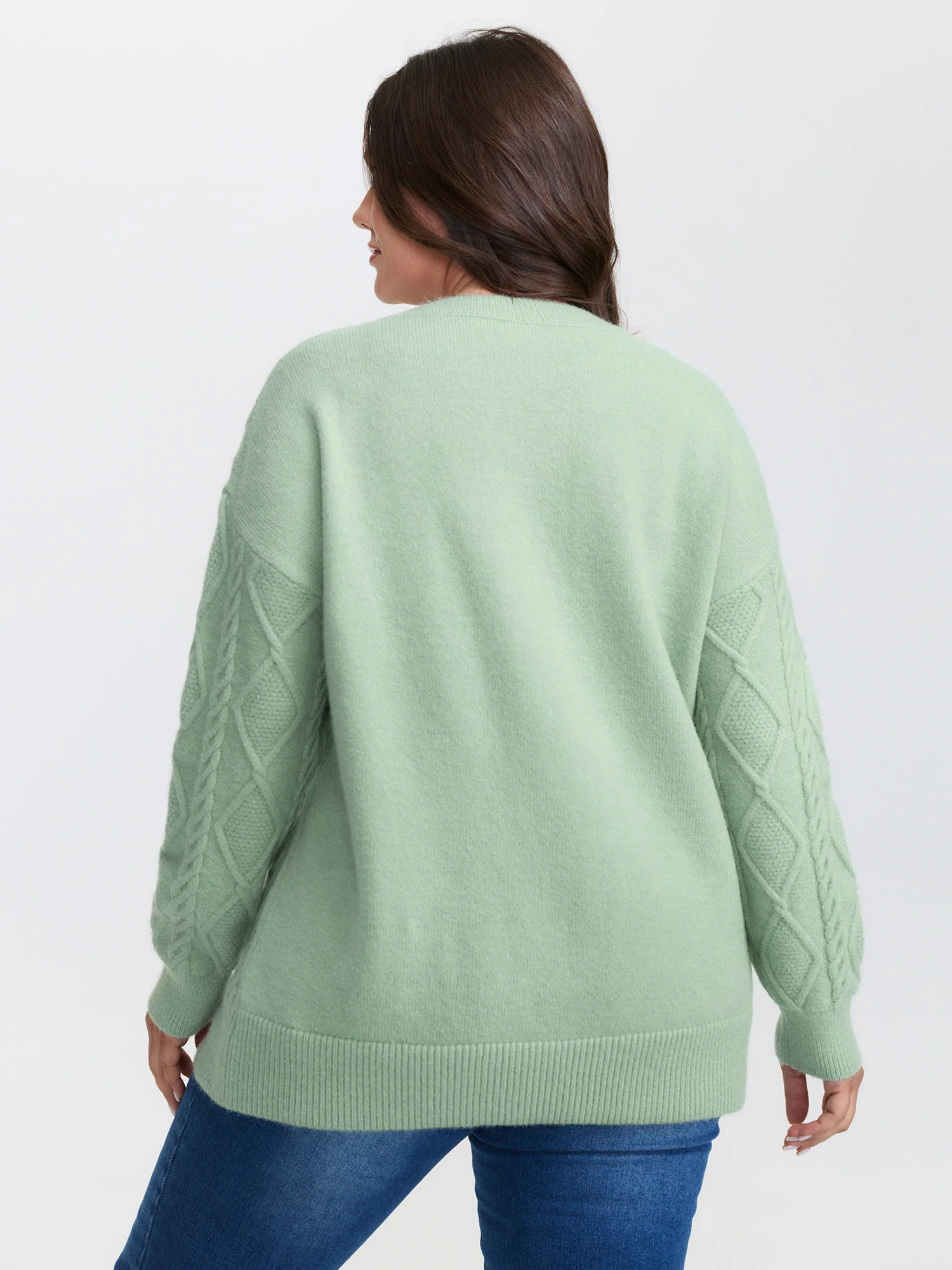 Cableknit Round Neck Ribbed Hem Pullover - Image 5