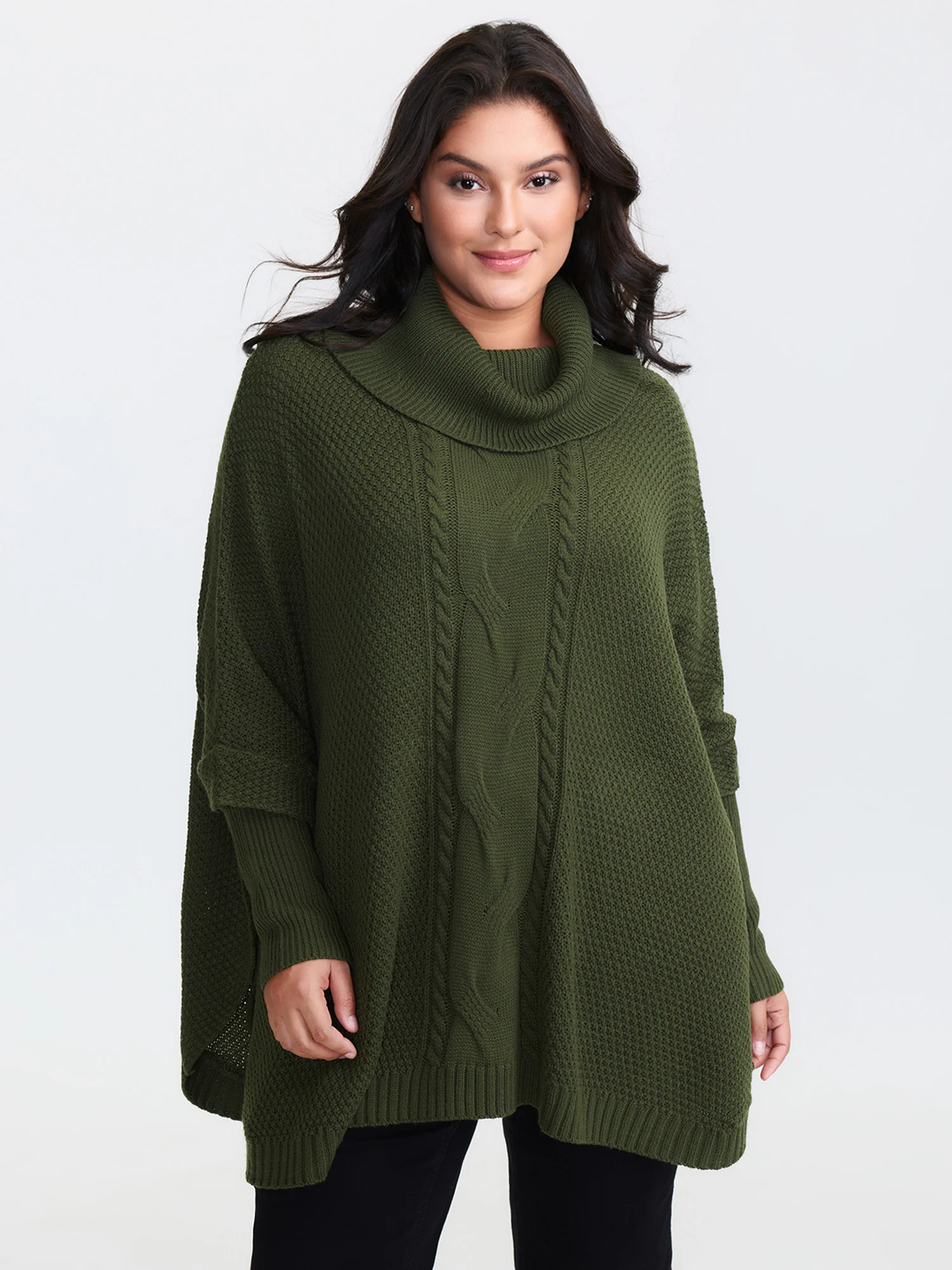 Cableknit Turtleneck Flowy Hem Pullover - Image 3