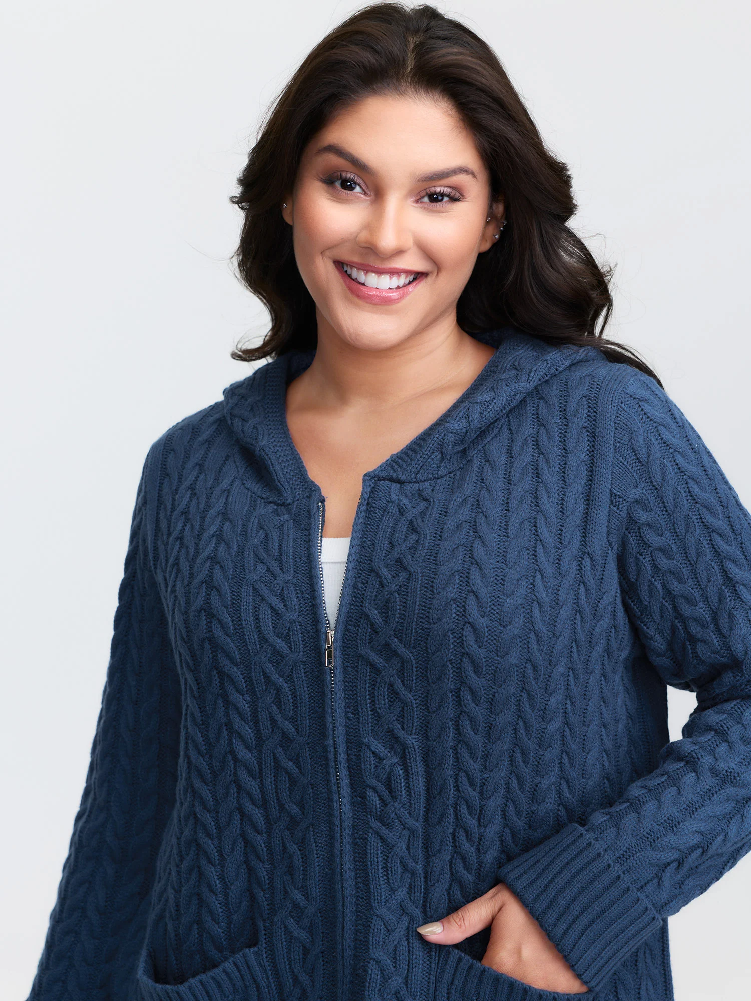 Cableknit Zipper Hooded Knit Cardigan - Image 2