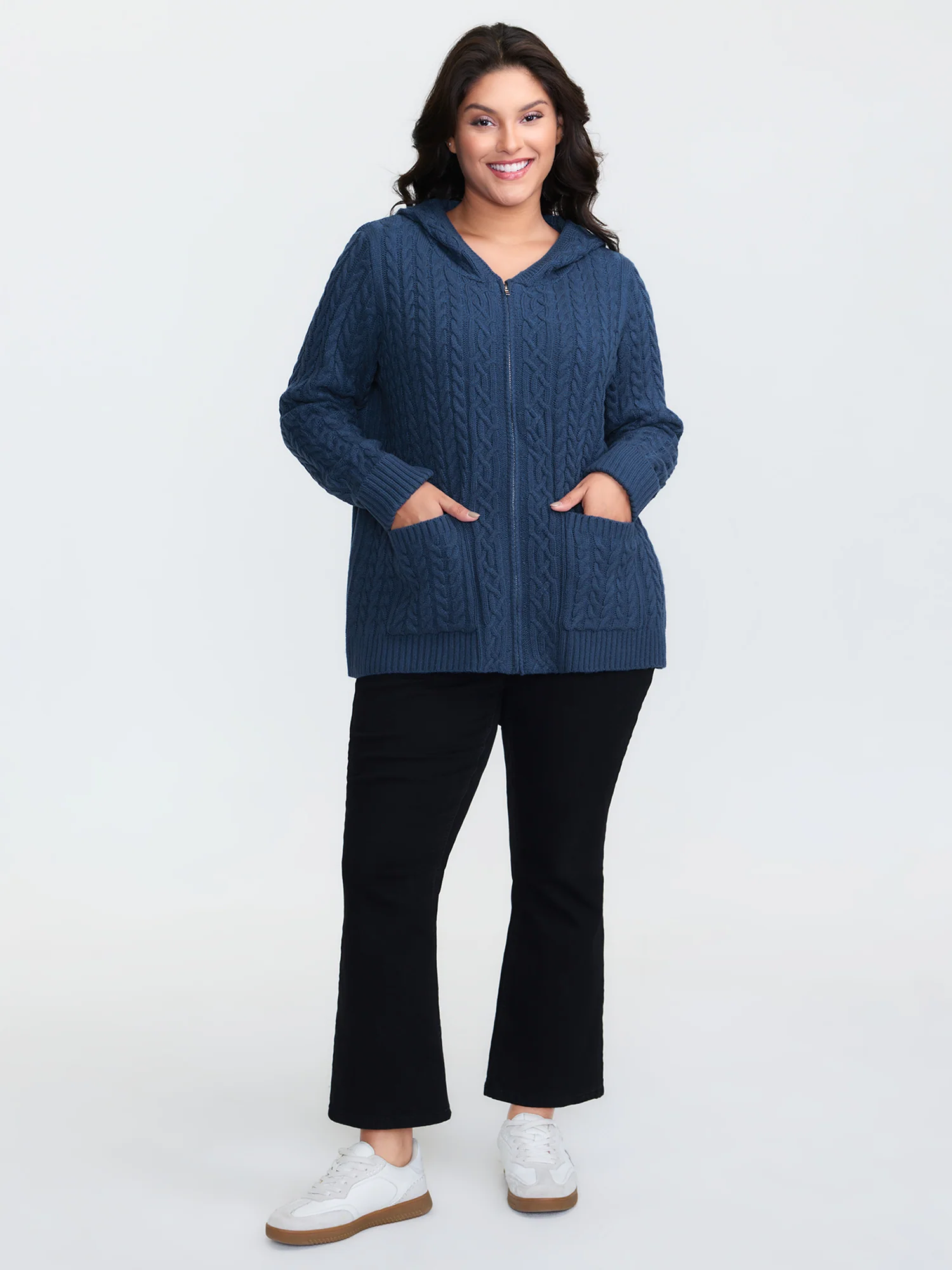 Cableknit Zipper Hooded Knit Cardigan - Image 3