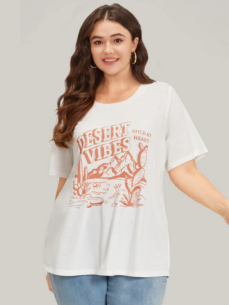 Cactus & Letter Print Crew Neck T-shirt