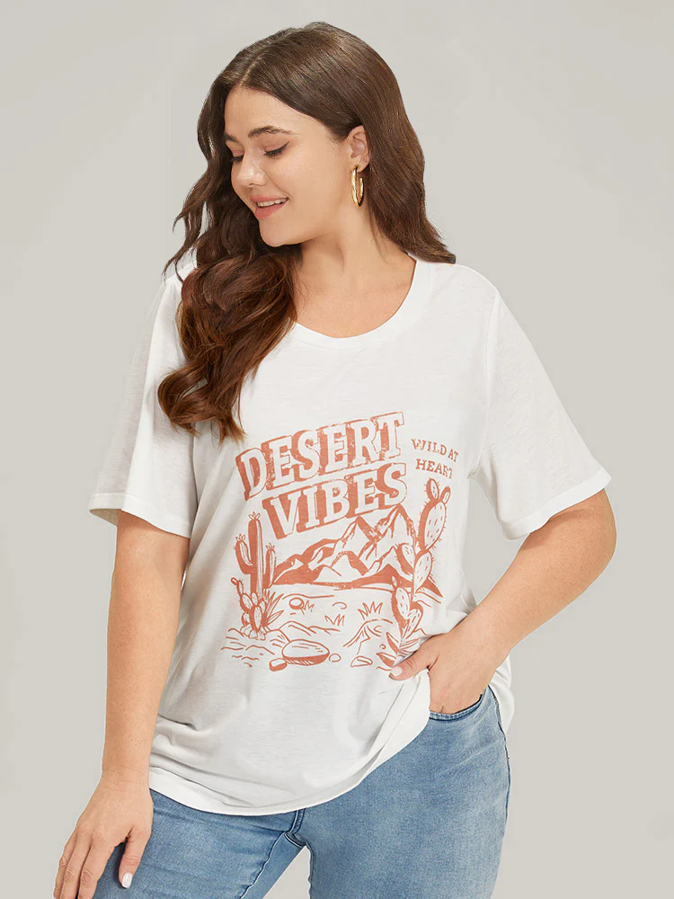 Cactus & Letter Print Crew Neck T-shirt - Image 2