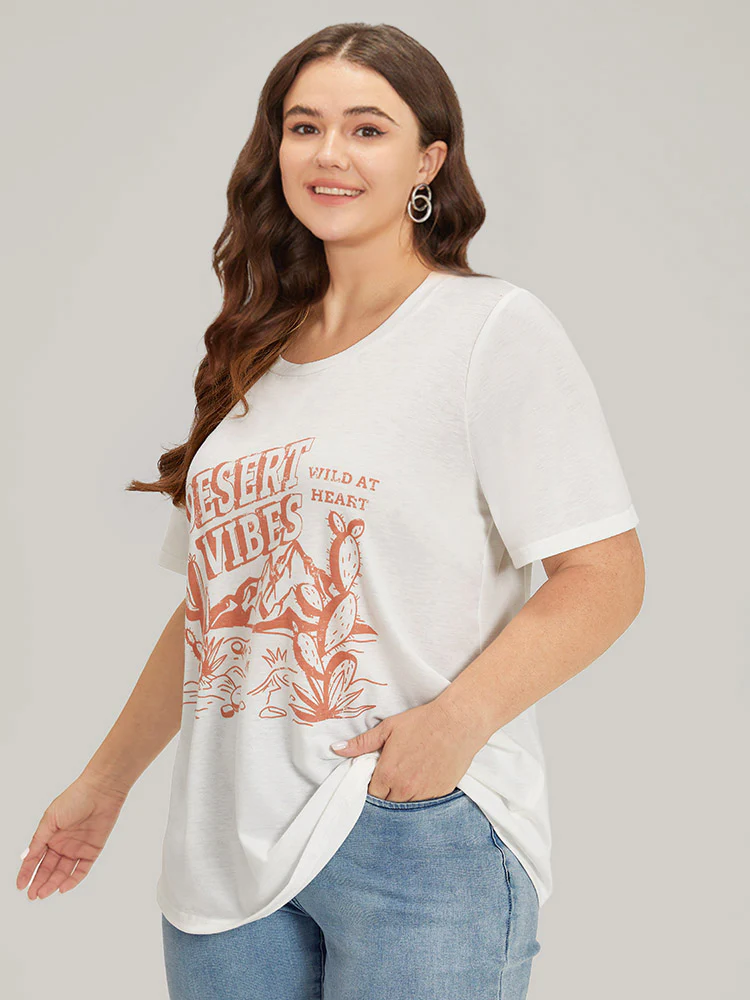 Cactus & Letter Print Crew Neck T-shirt - Image 4