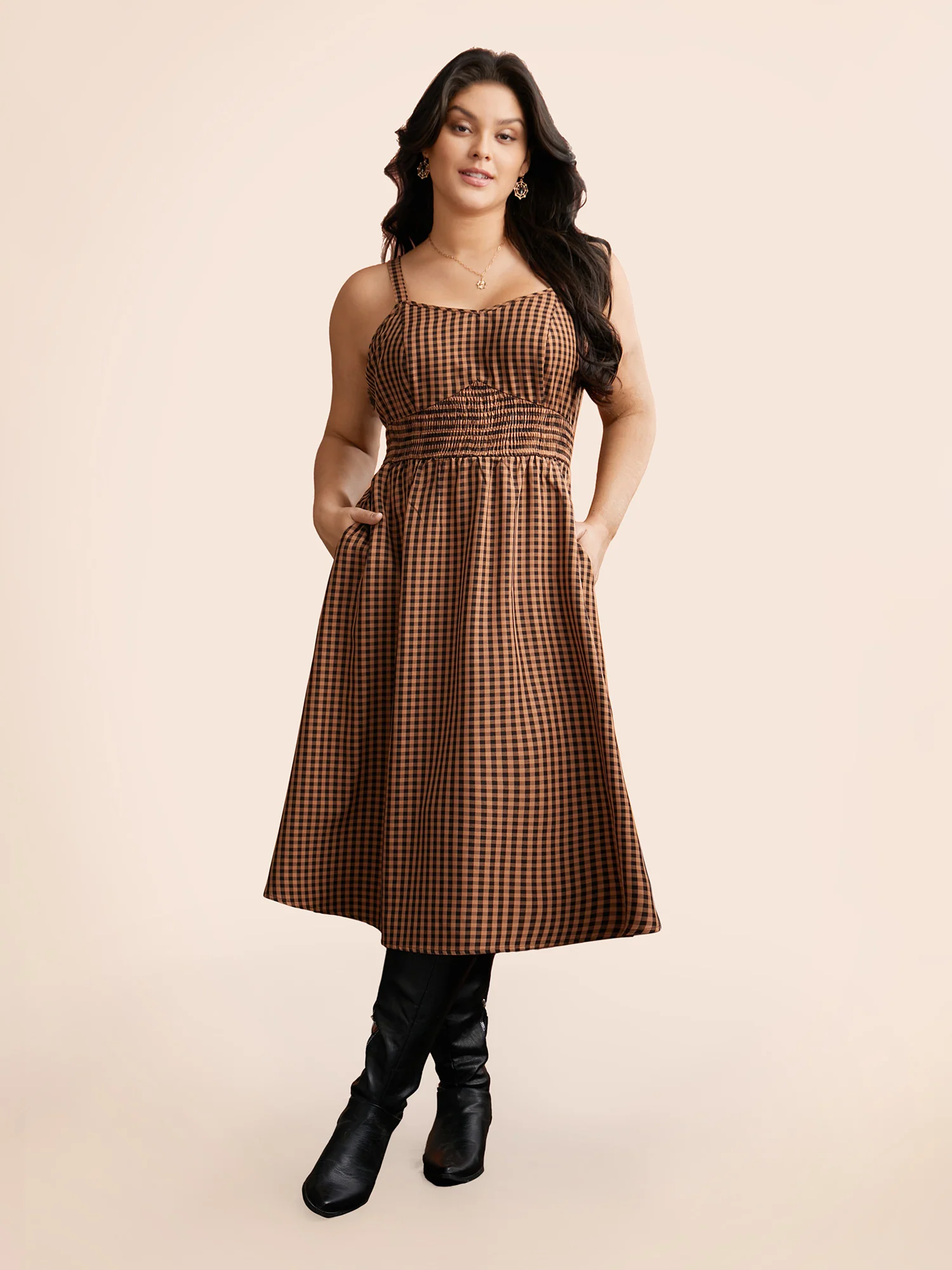 Cami Pumpkin Color Grid Waist Midi Dress - Image 2