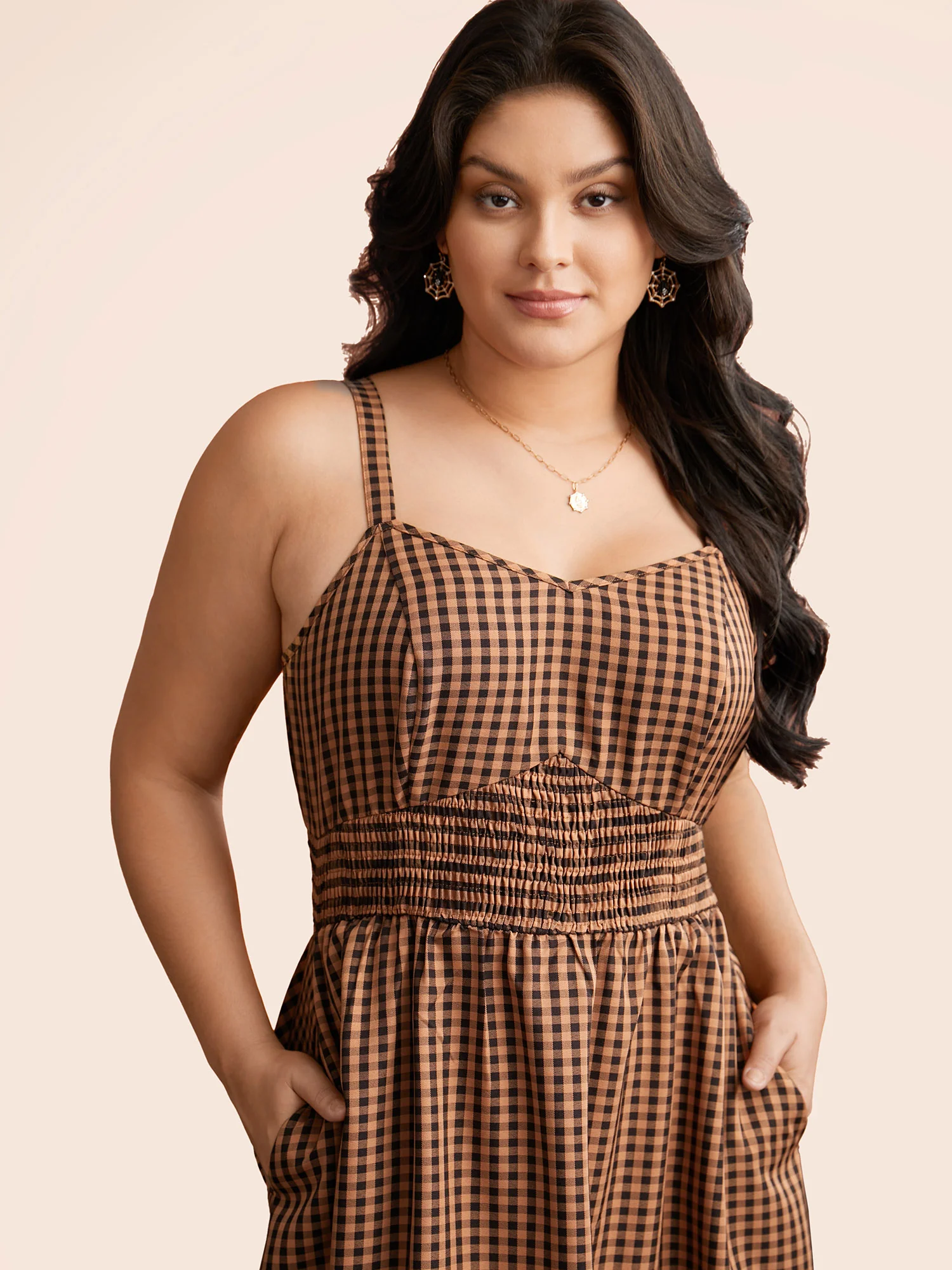Cami Pumpkin Color Grid Waist Midi Dress - Image 4