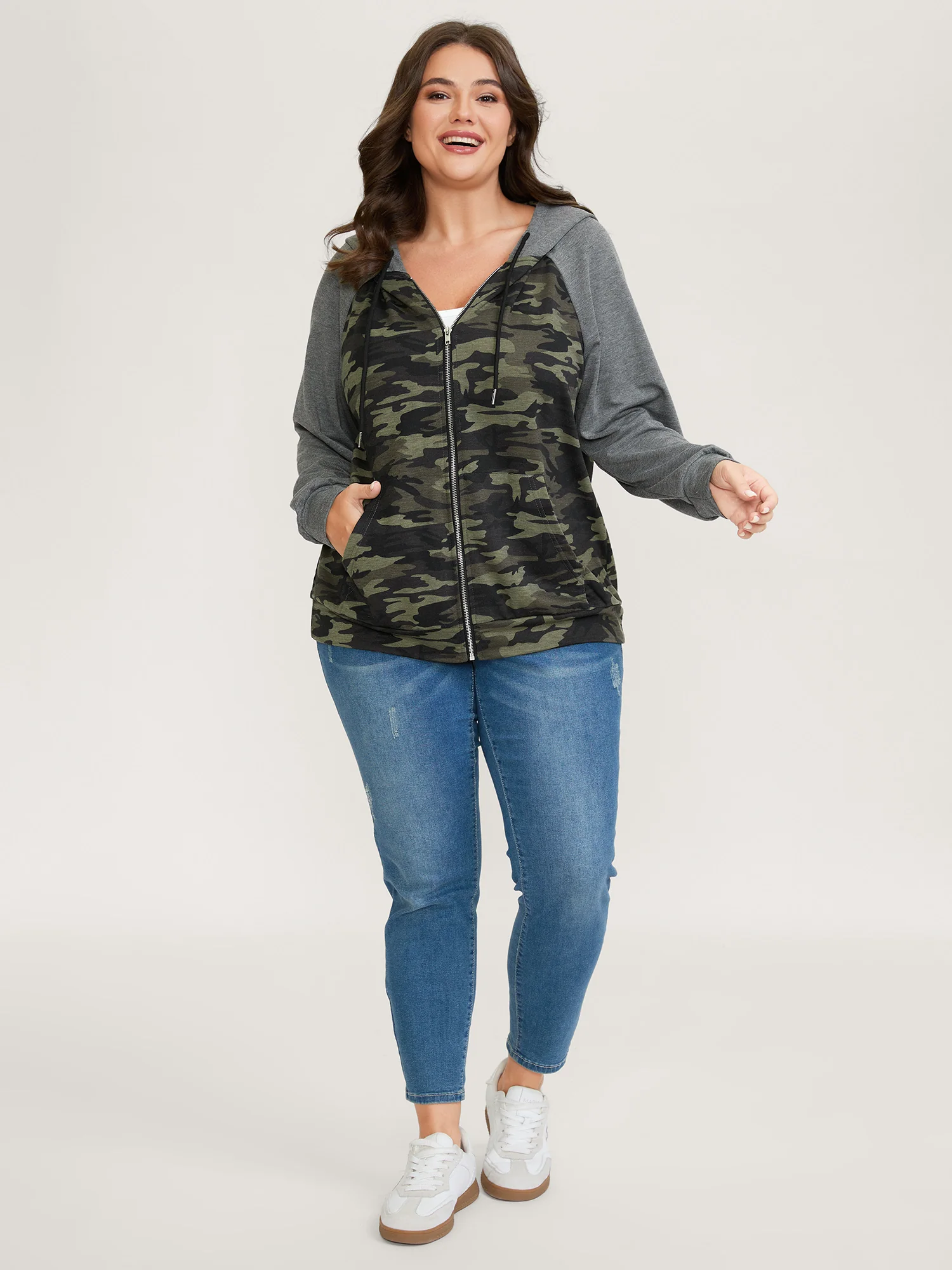 Camouflage Print Color Contrast Zipper Hoodie - Image 4