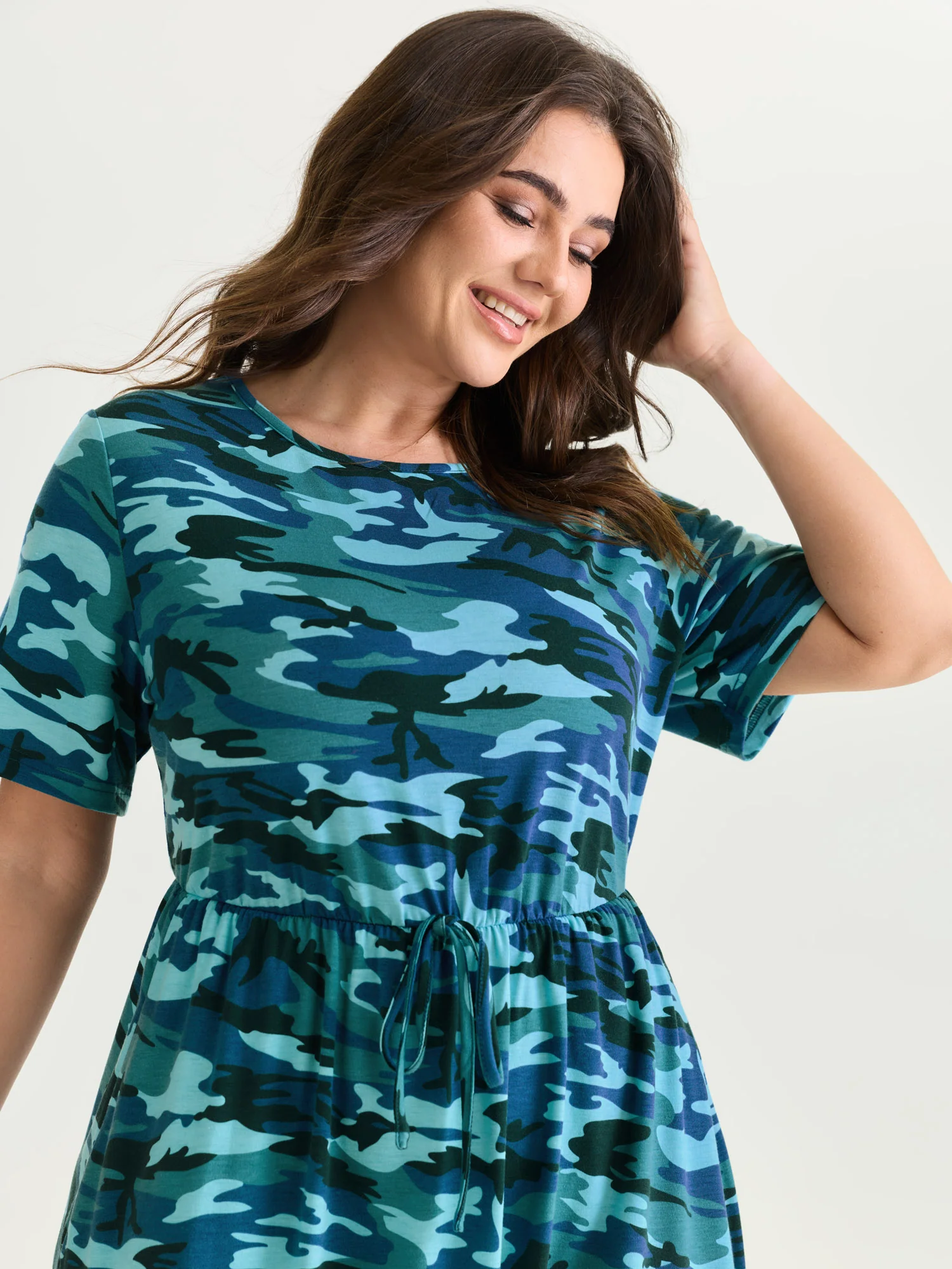 Camouflage Print Round Neck Pockets Midi Dress - Image 10