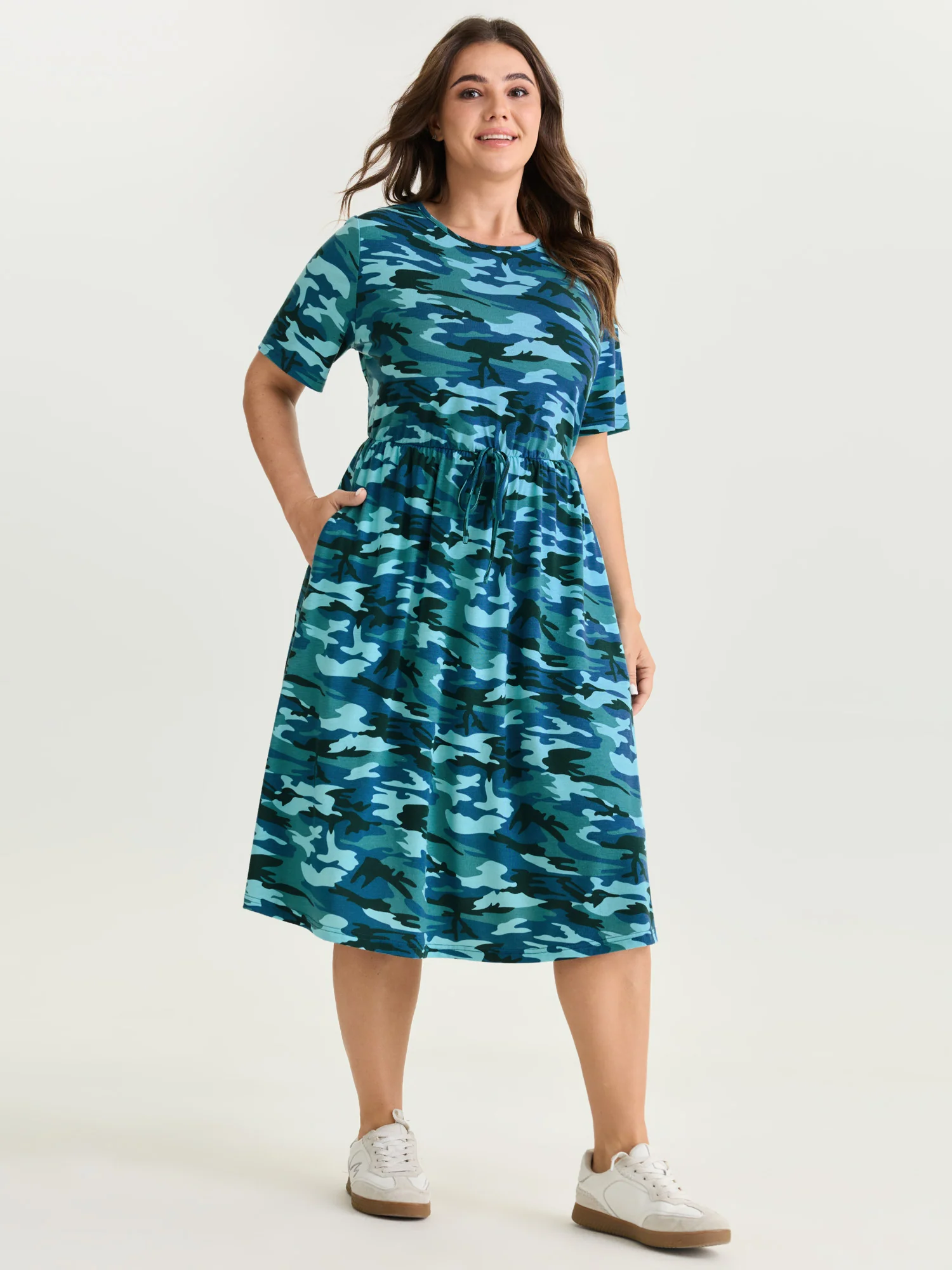 Camouflage Print Round Neck Pockets Midi Dress - Image 11