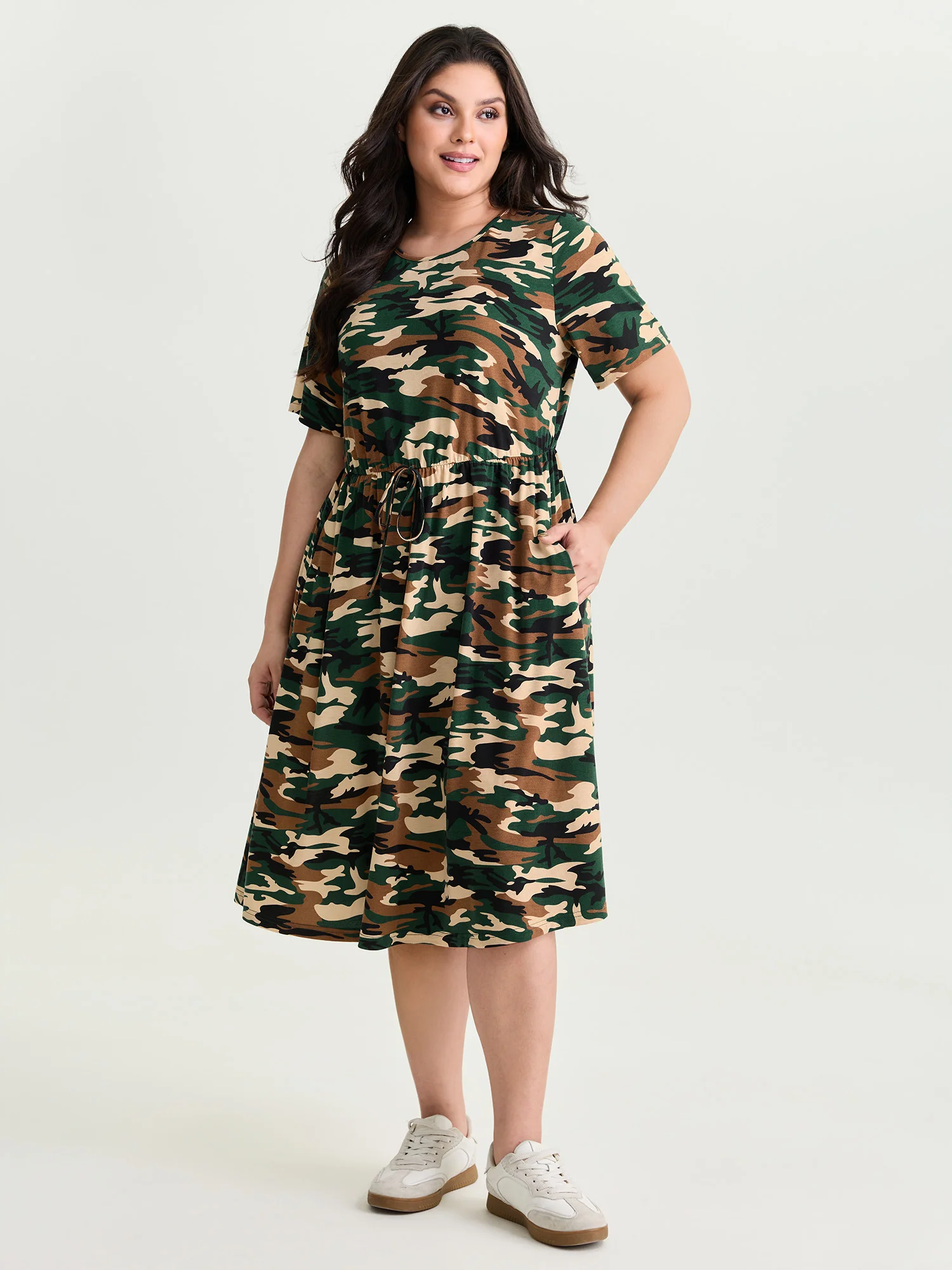 Camouflage Print Round Neck Pockets Midi Dress - Image 13