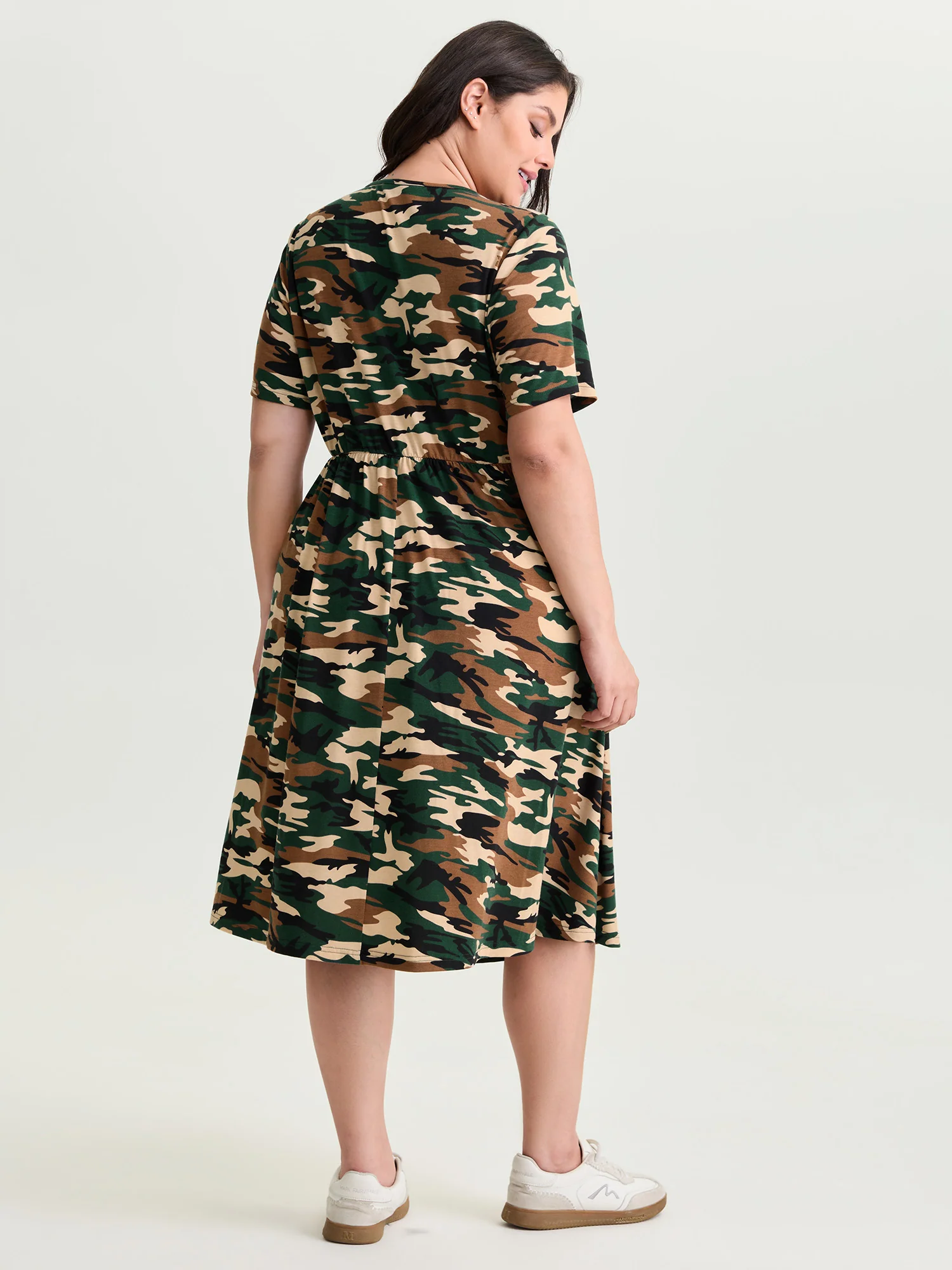 Camouflage Print Round Neck Pockets Midi Dress - Image 15
