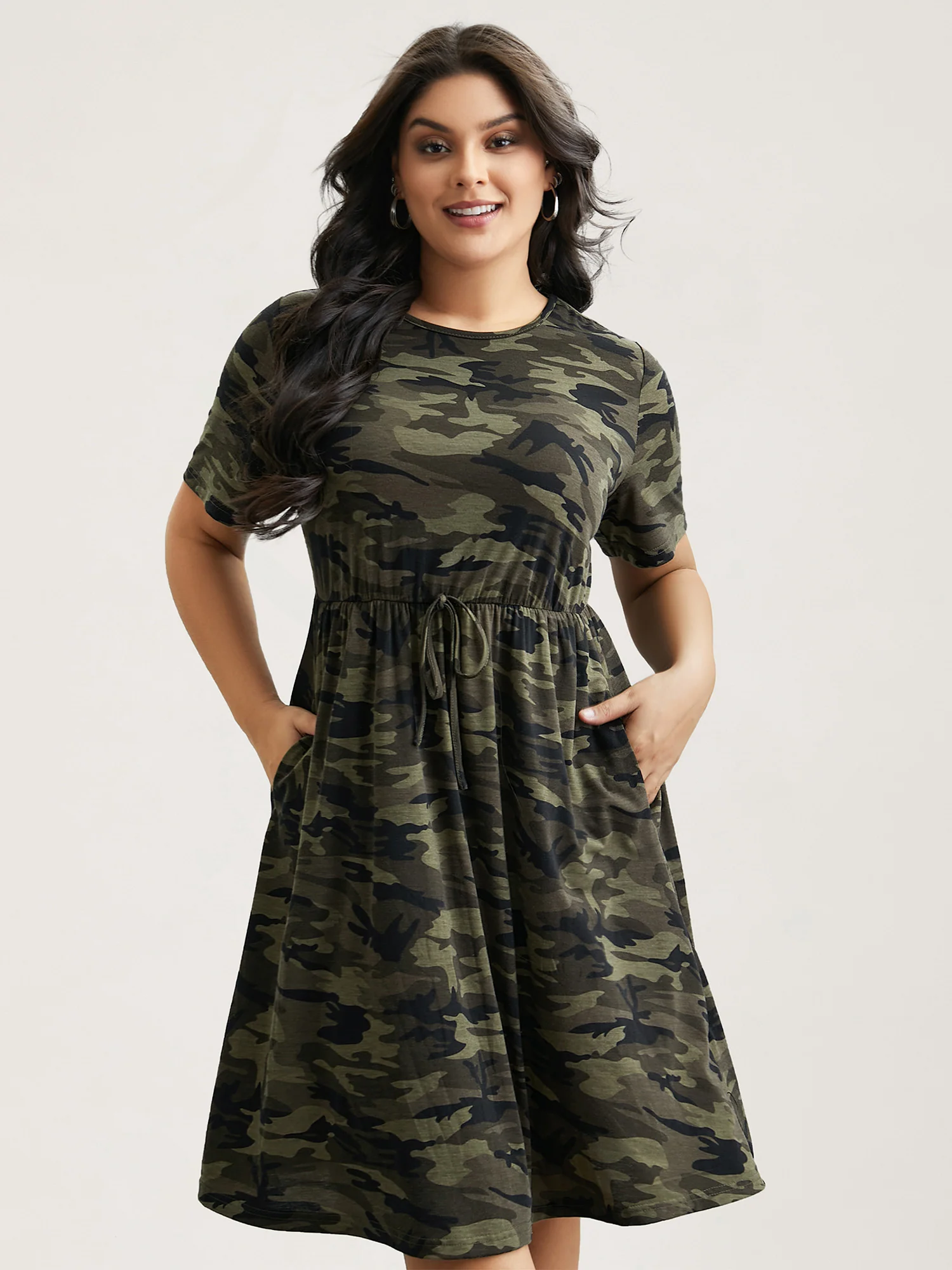 Camouflage Print Round Neck Pockets Midi Dress - Image 2