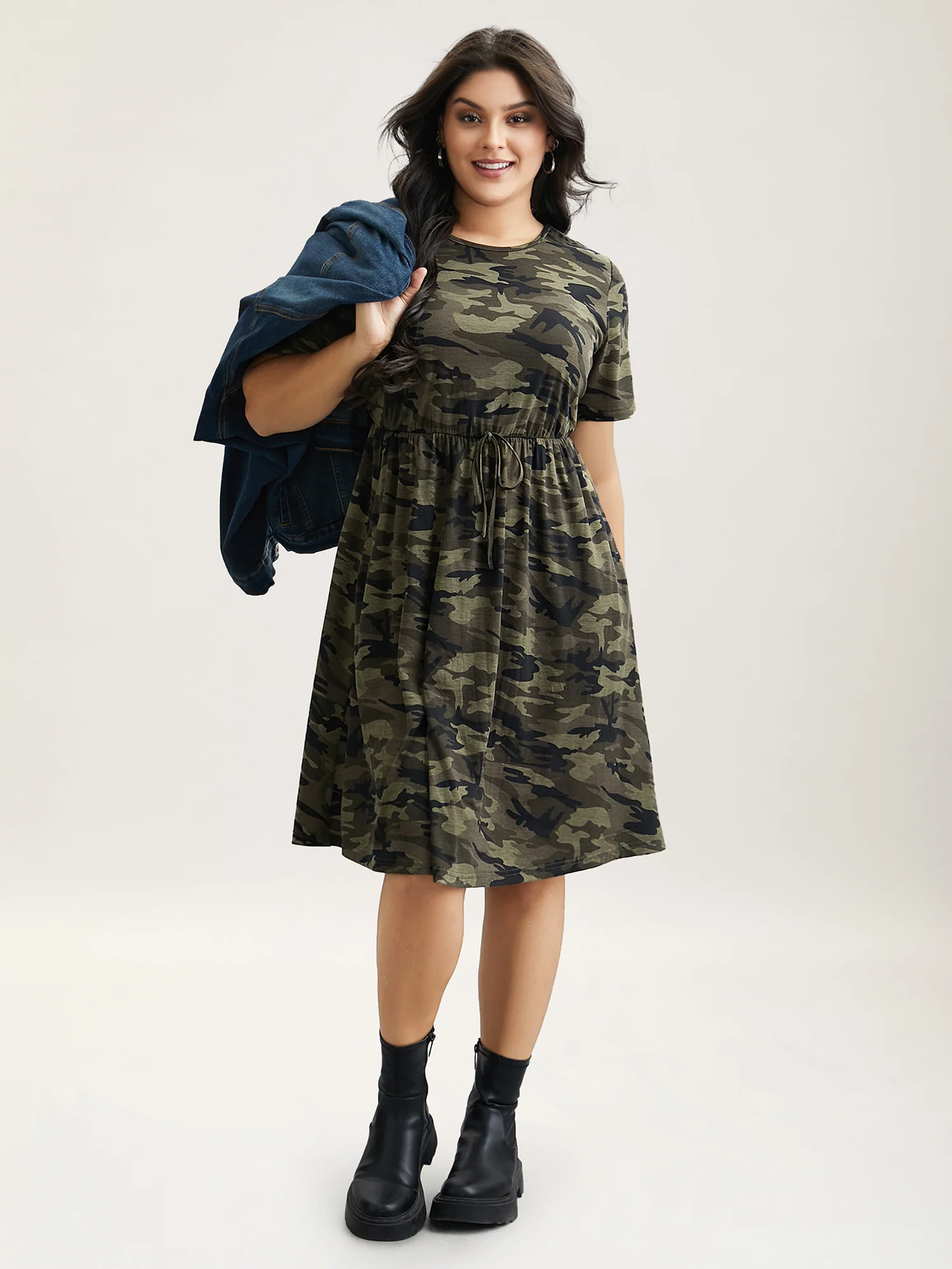 Camouflage Print Round Neck Pockets Midi Dress - Image 3