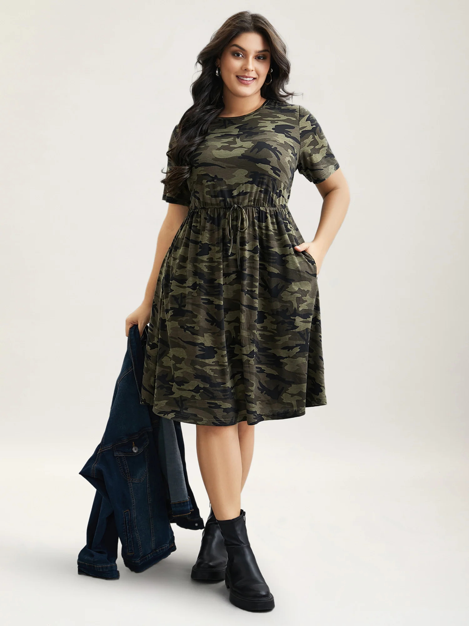 Camouflage Print Round Neck Pockets Midi Dress - Image 4