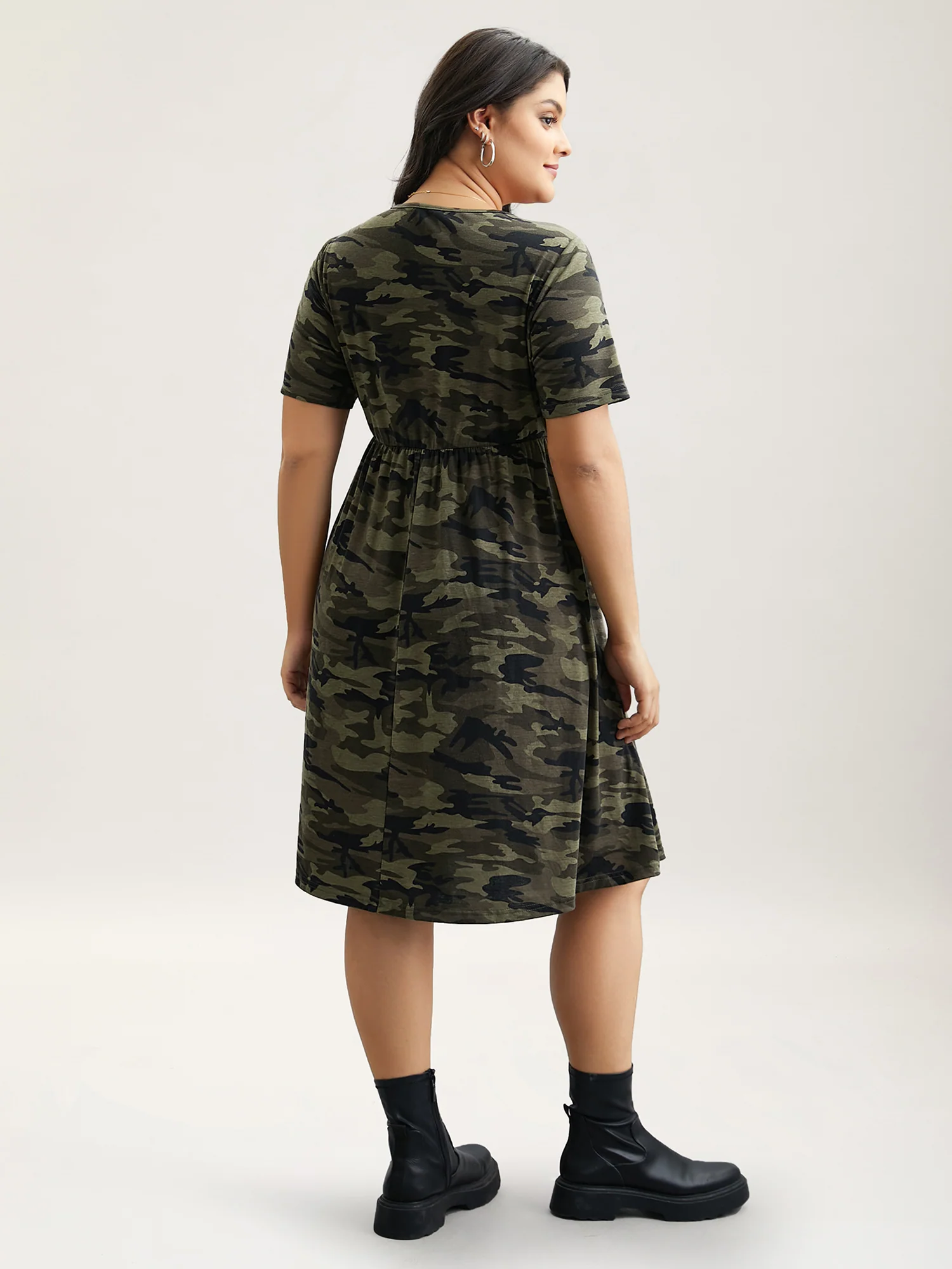 Camouflage Print Round Neck Pockets Midi Dress - Image 5