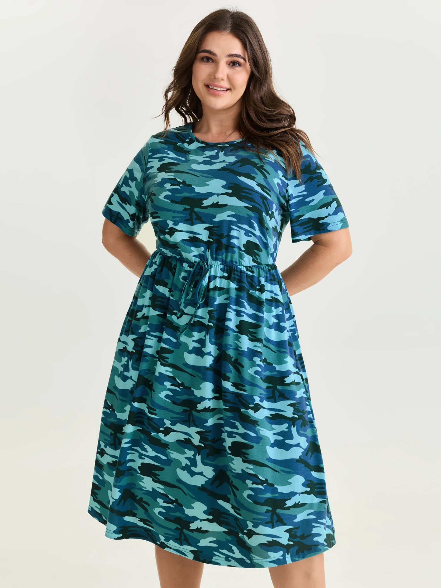 Camouflage Print Round Neck Pockets Midi Dress - Image 9