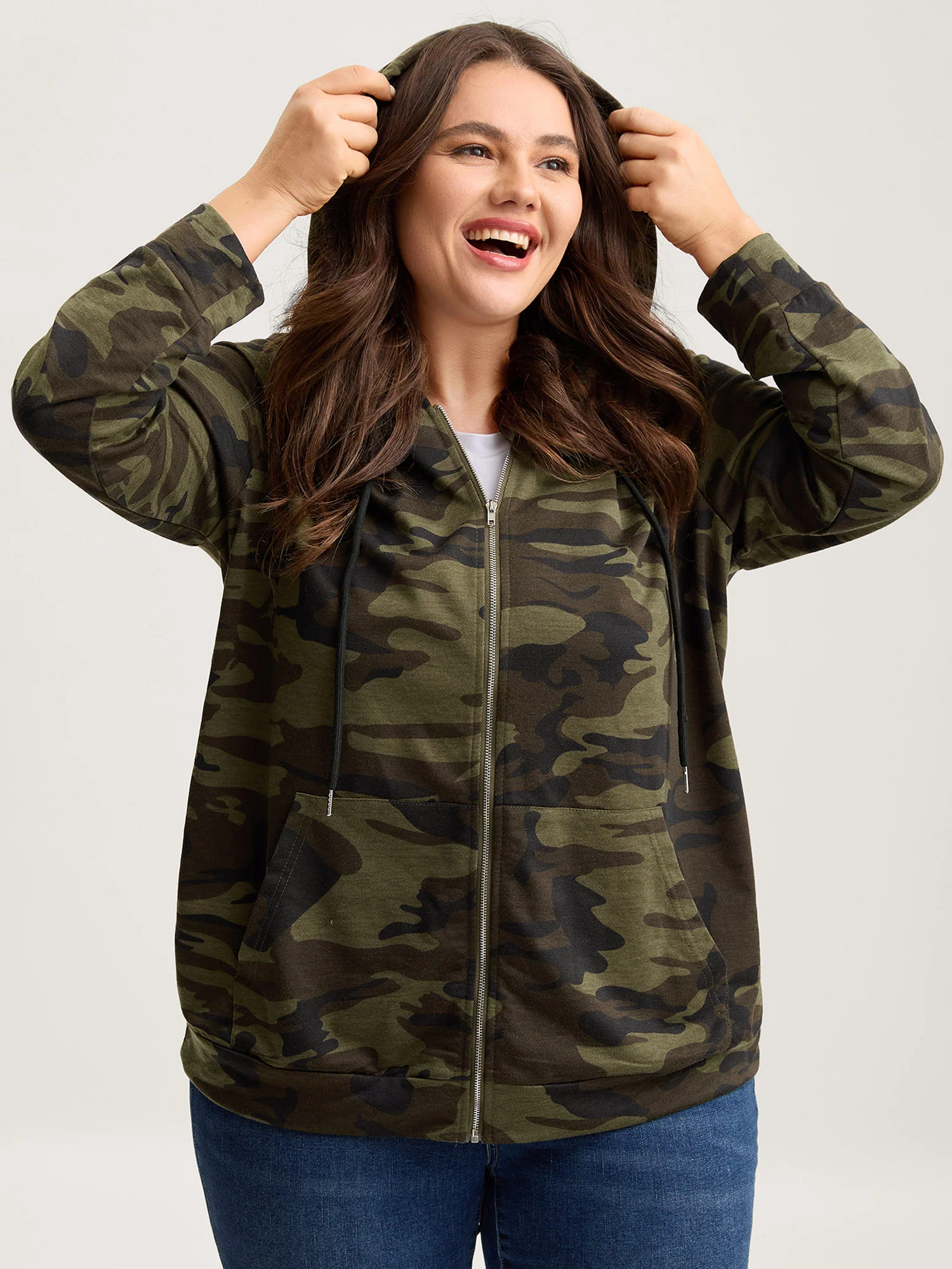 Camouflage Print Stretchy Zipper Hoodie - Image 2