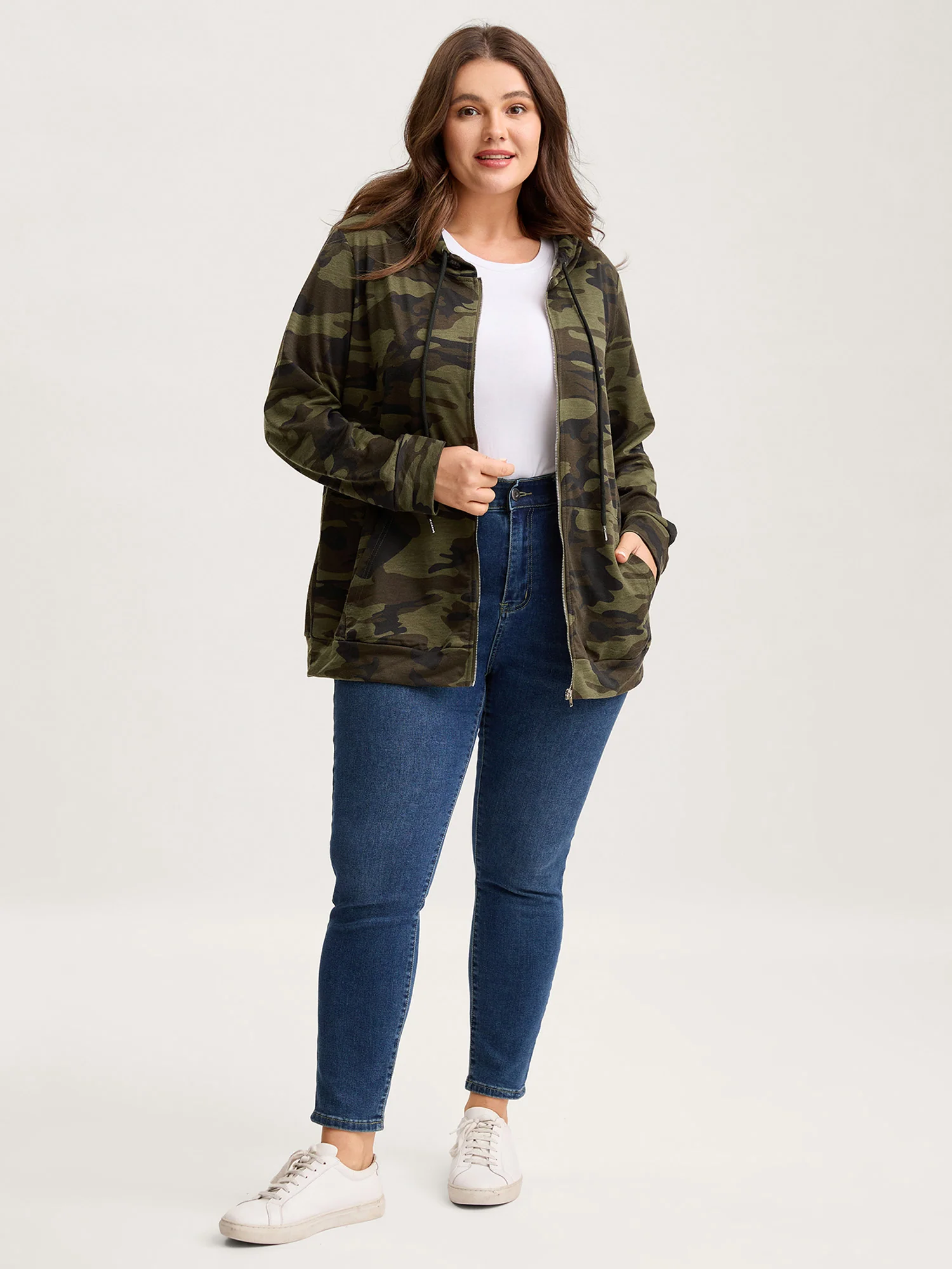 Camouflage Print Stretchy Zipper Hoodie - Image 3