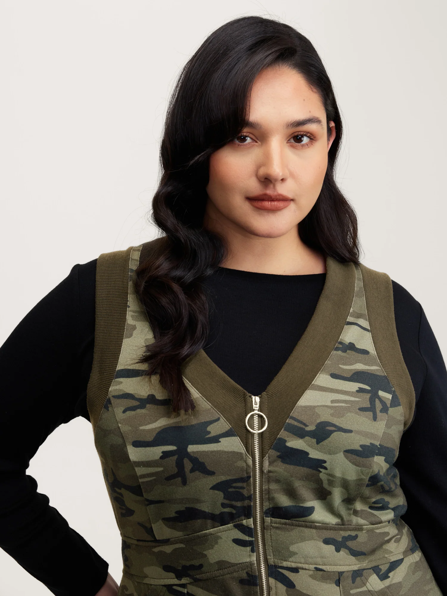 Camouflage Print Zipper Front Pockets Midi Dress - Image 2
