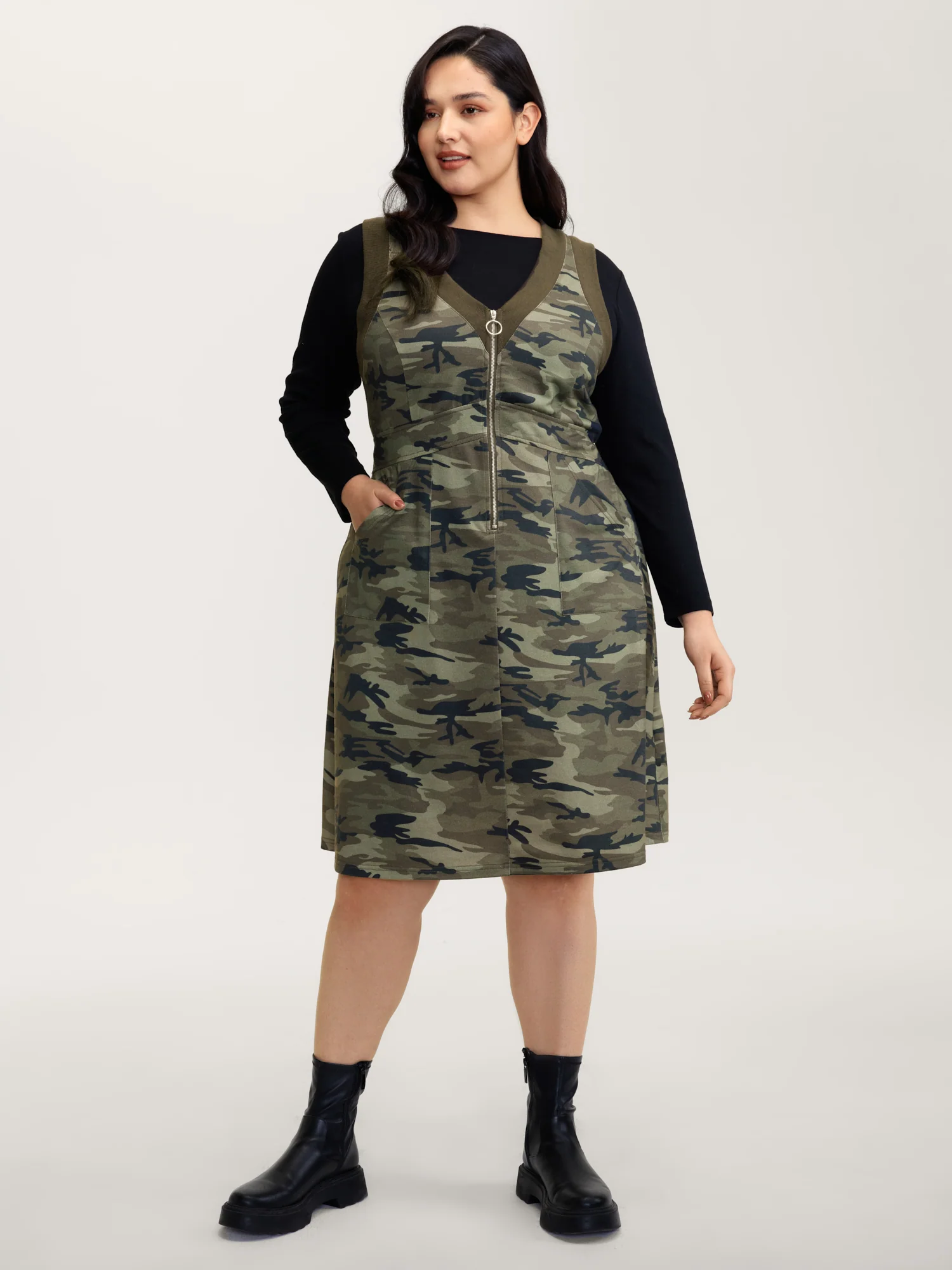 Camouflage Print Zipper Front Pockets Midi Dress - Image 3