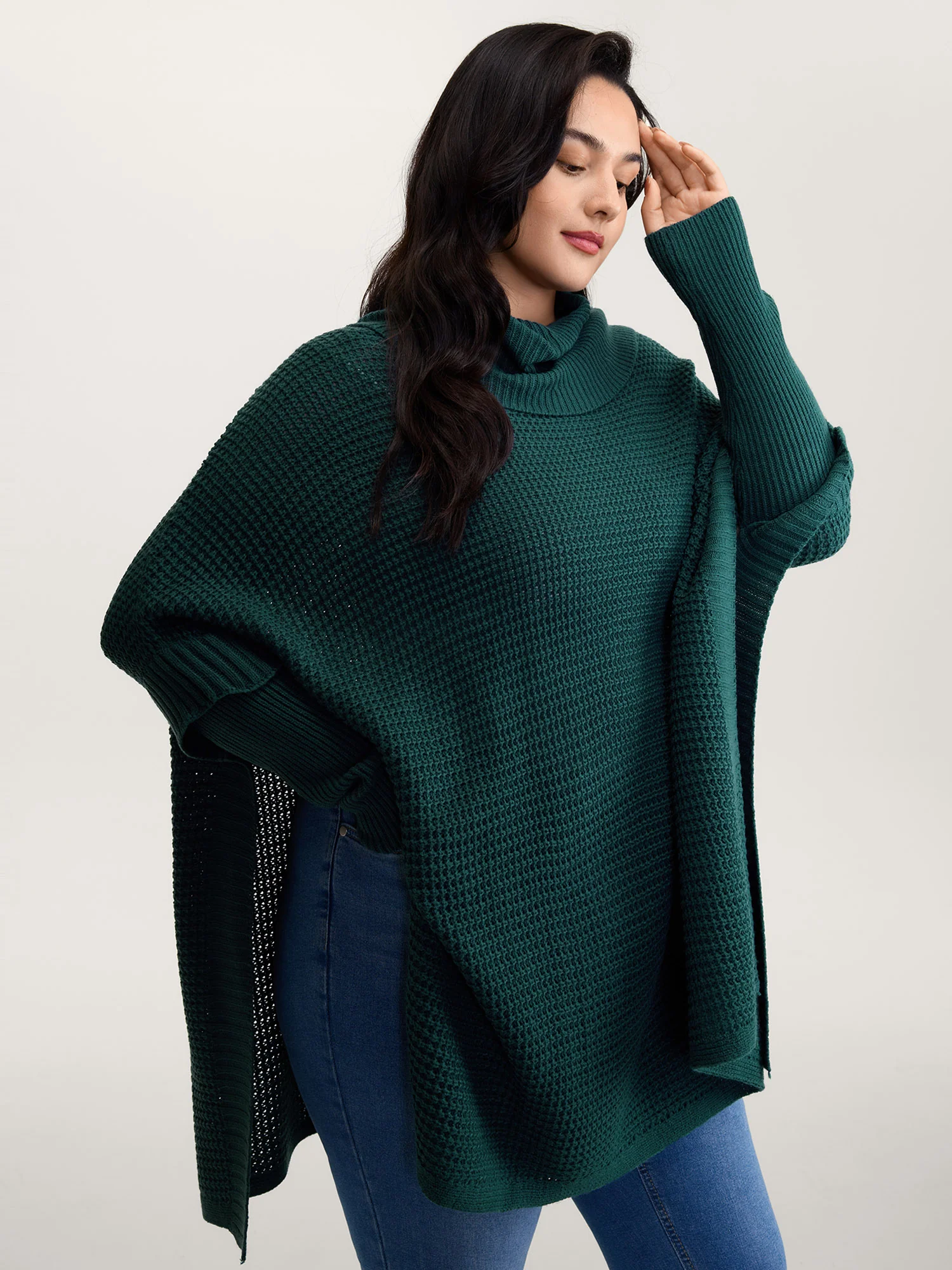 Cape-Style Turtleneck Textured Pullover - Image 2