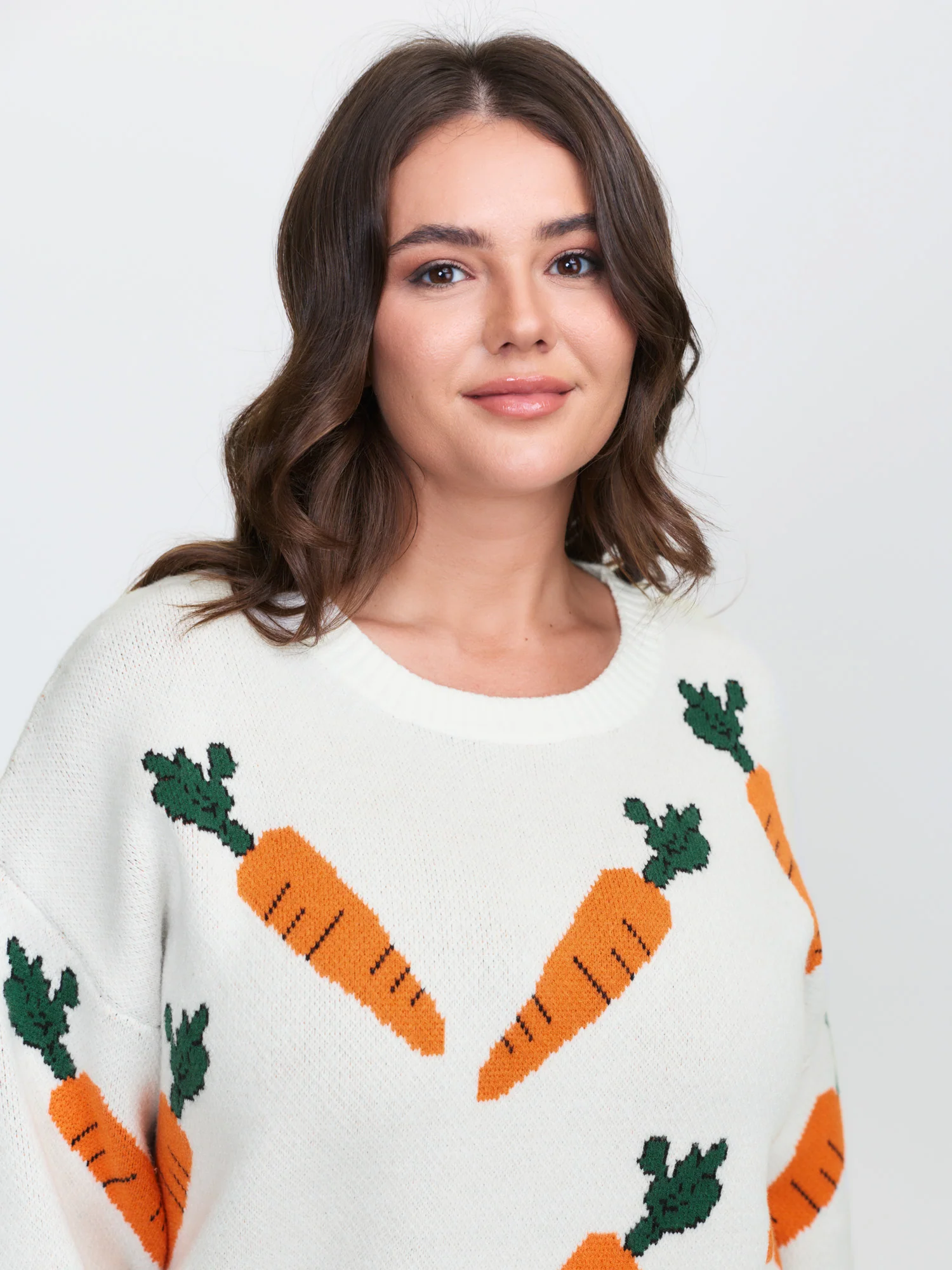 Carrot Pattern Round Neck Ribbed Pullover - Image 2