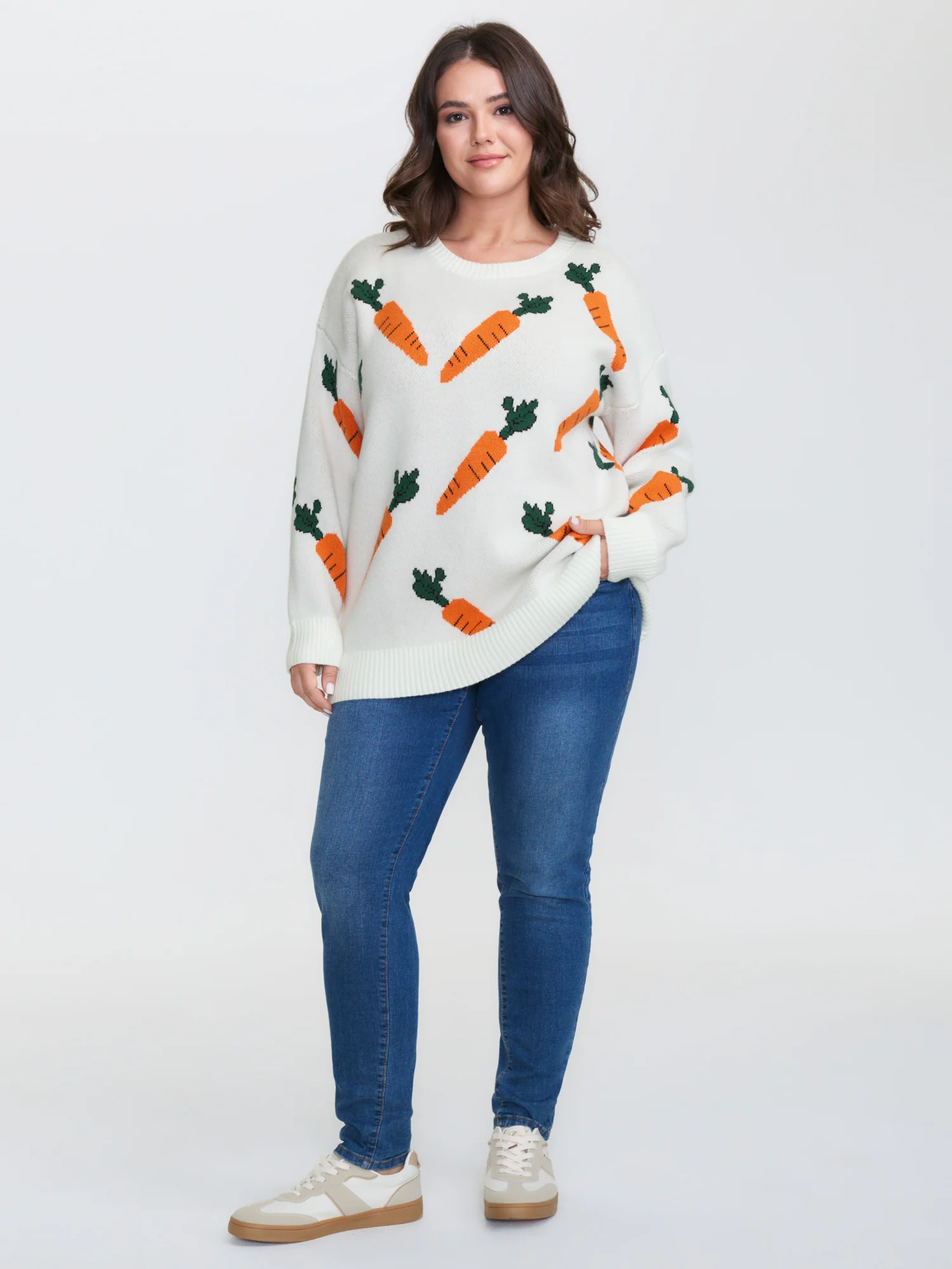 Carrot Pattern Round Neck Ribbed Pullover - Image 3