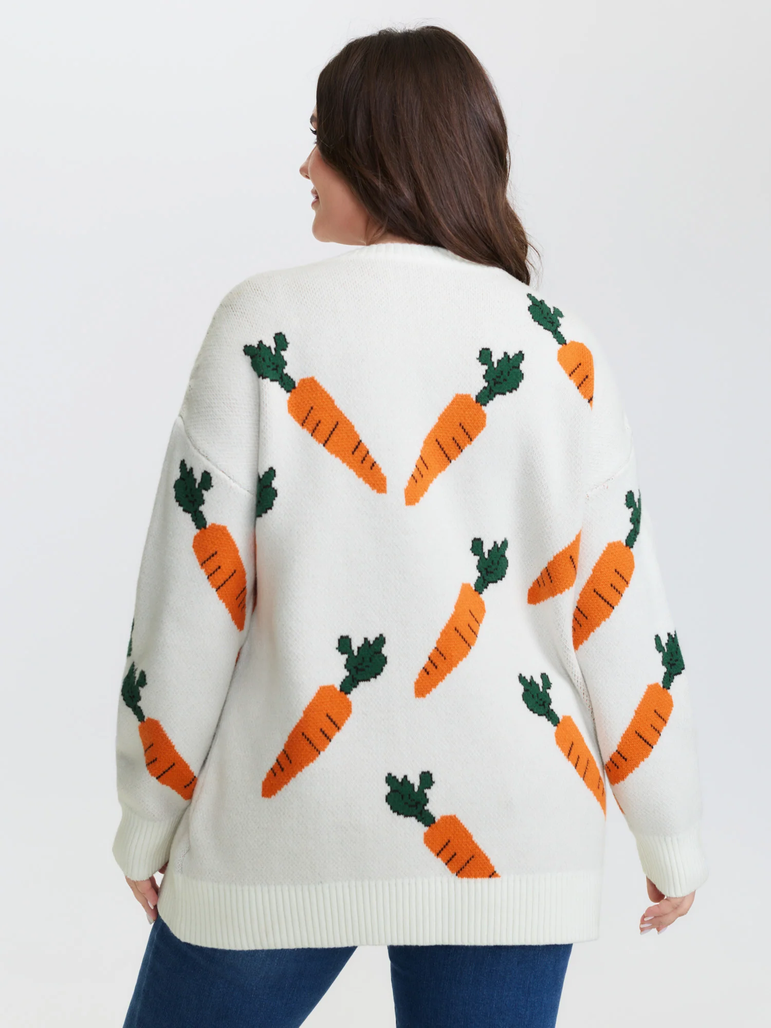 Carrot Pattern Round Neck Ribbed Pullover - Image 4