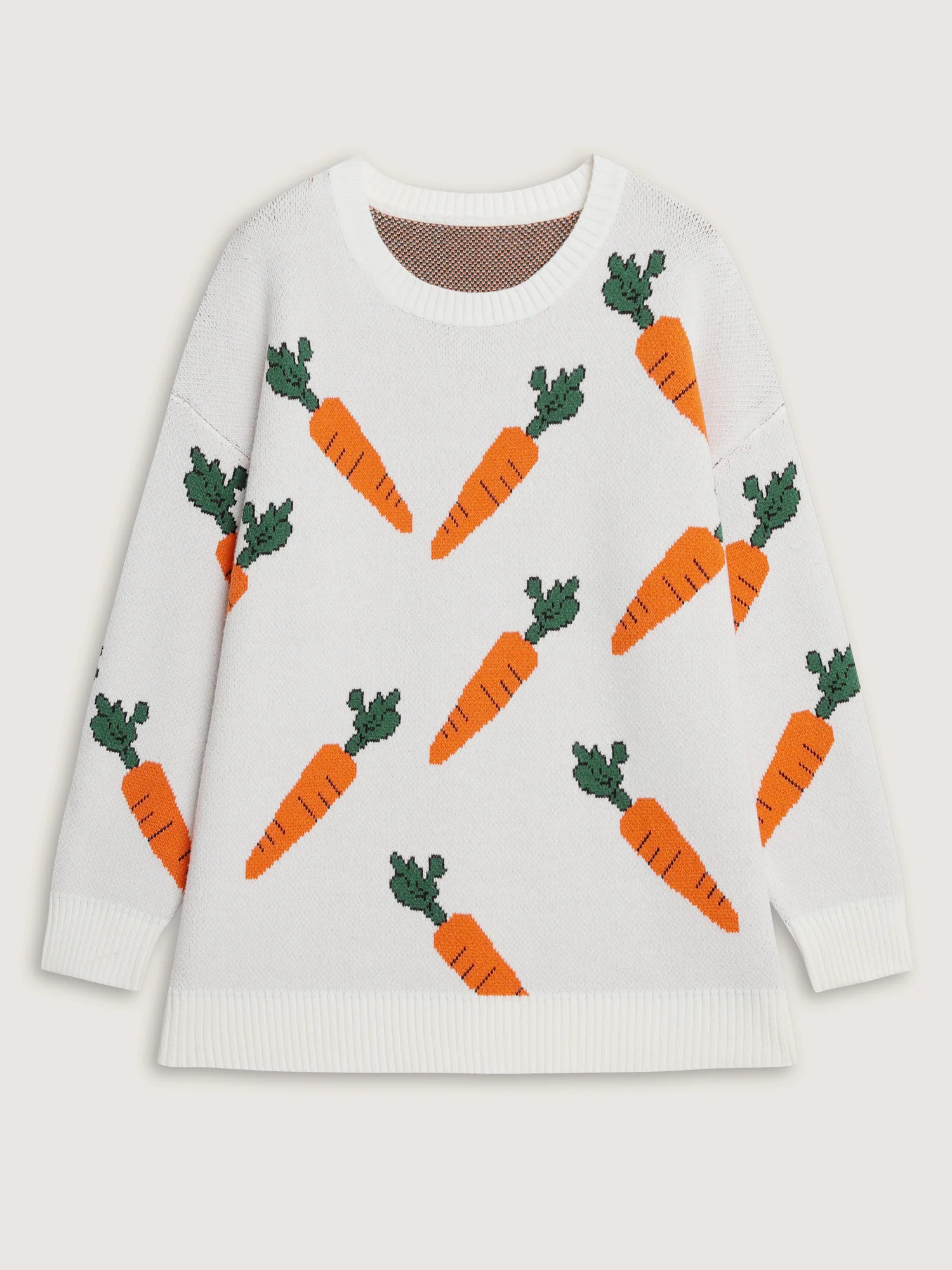 Carrot Pattern Round Neck Ribbed Pullover - Image 7